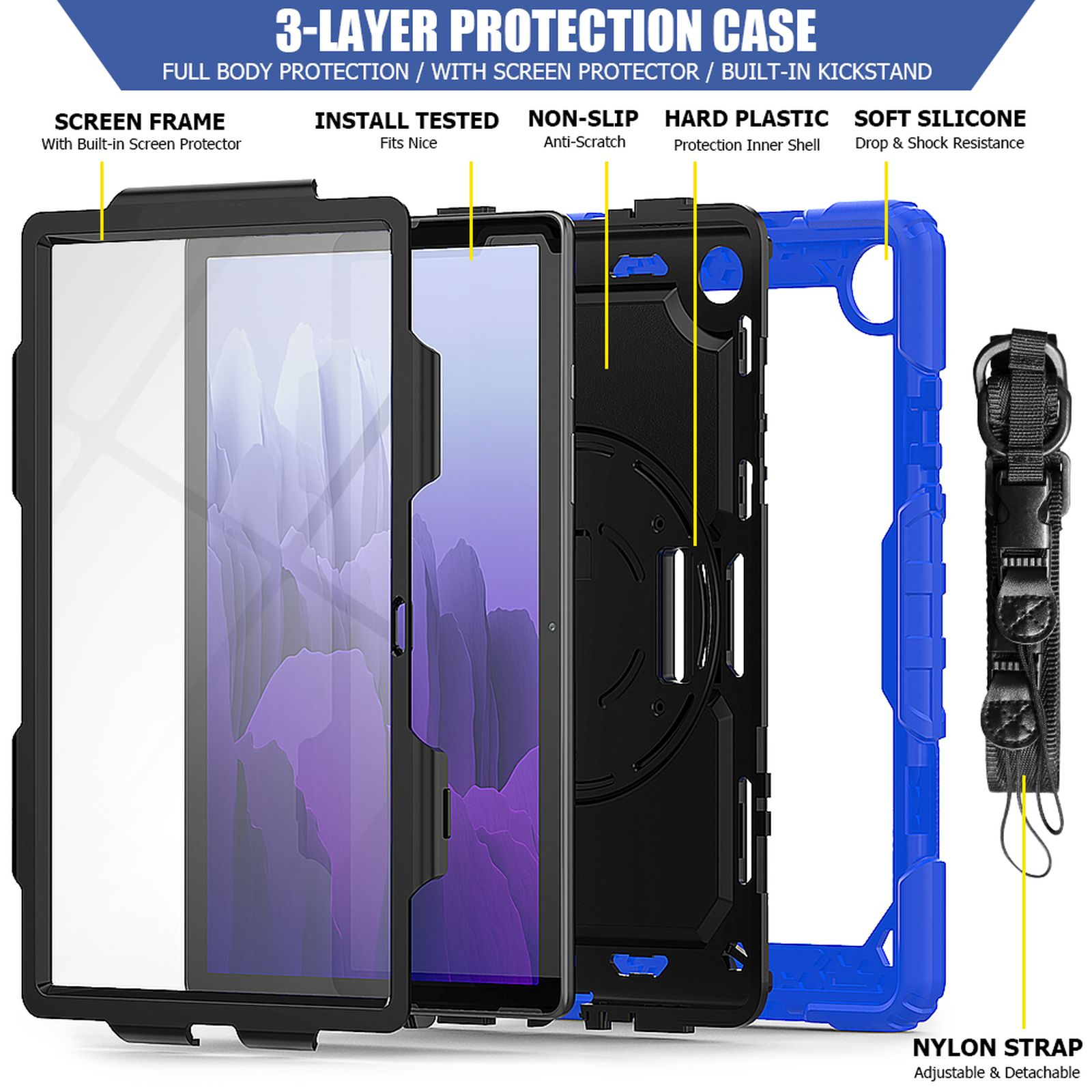 für Case 4in1 LOBWERK +Tragegurt 10.4 SM-T500 A7 Zoll Samsung Tab Schutzhülle Blau Galaxy T505 Bookcover Kunststoff,