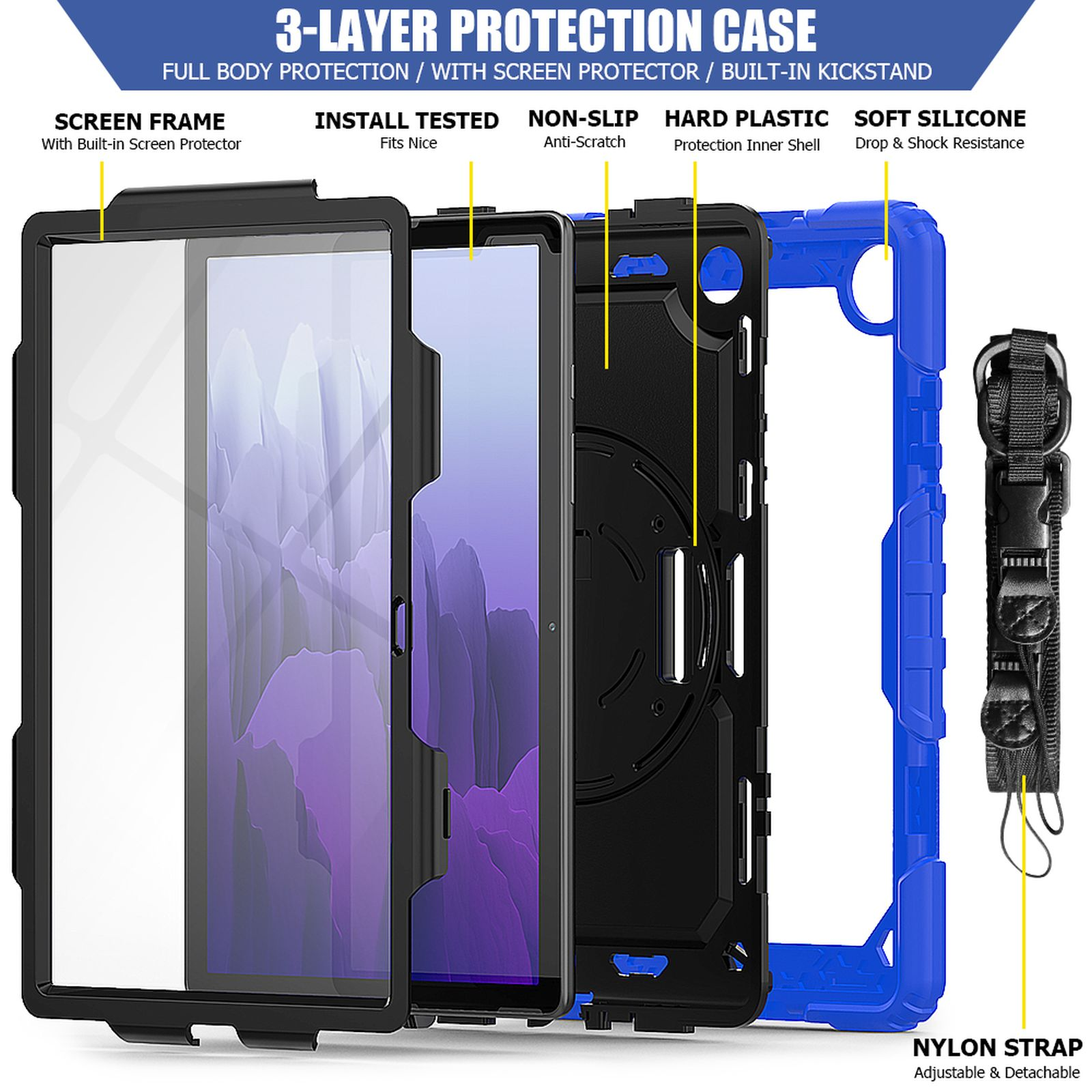 T505 Kunststoff, Galaxy Bookcover A7 Blau Case Samsung Tab Schutzhülle für Zoll SM-T500 LOBWERK 4in1 +Tragegurt 10.4