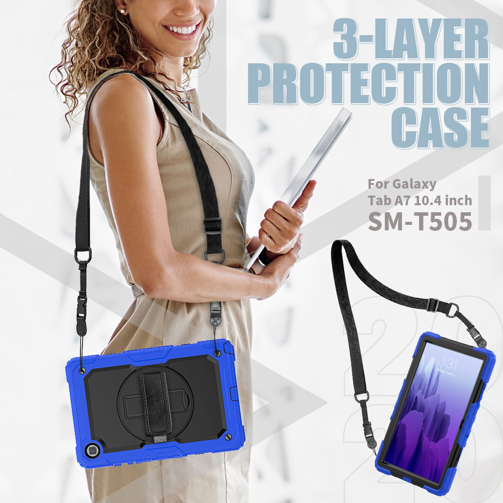 LOBWERK 4in1 Schutzhülle Case Bookcover Samsung A7 für Kunststoff, SM-T500 10.4 Galaxy +Tragegurt T505 Blau Tab Zoll