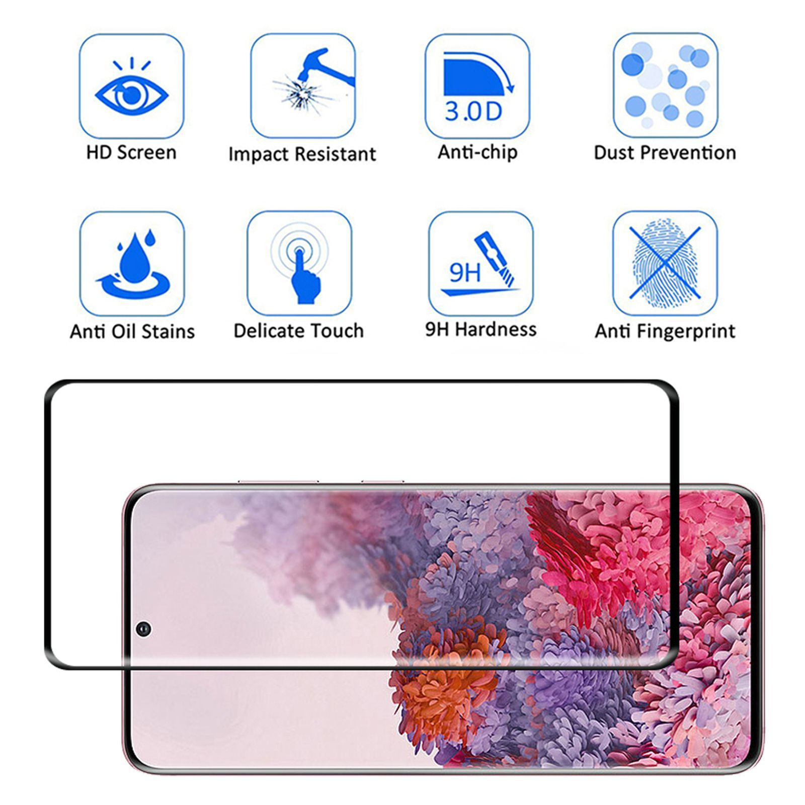 Ein Telefon mit Displayschutzfolie und Symbolen, die Displayschutzfunktionen darstellen.