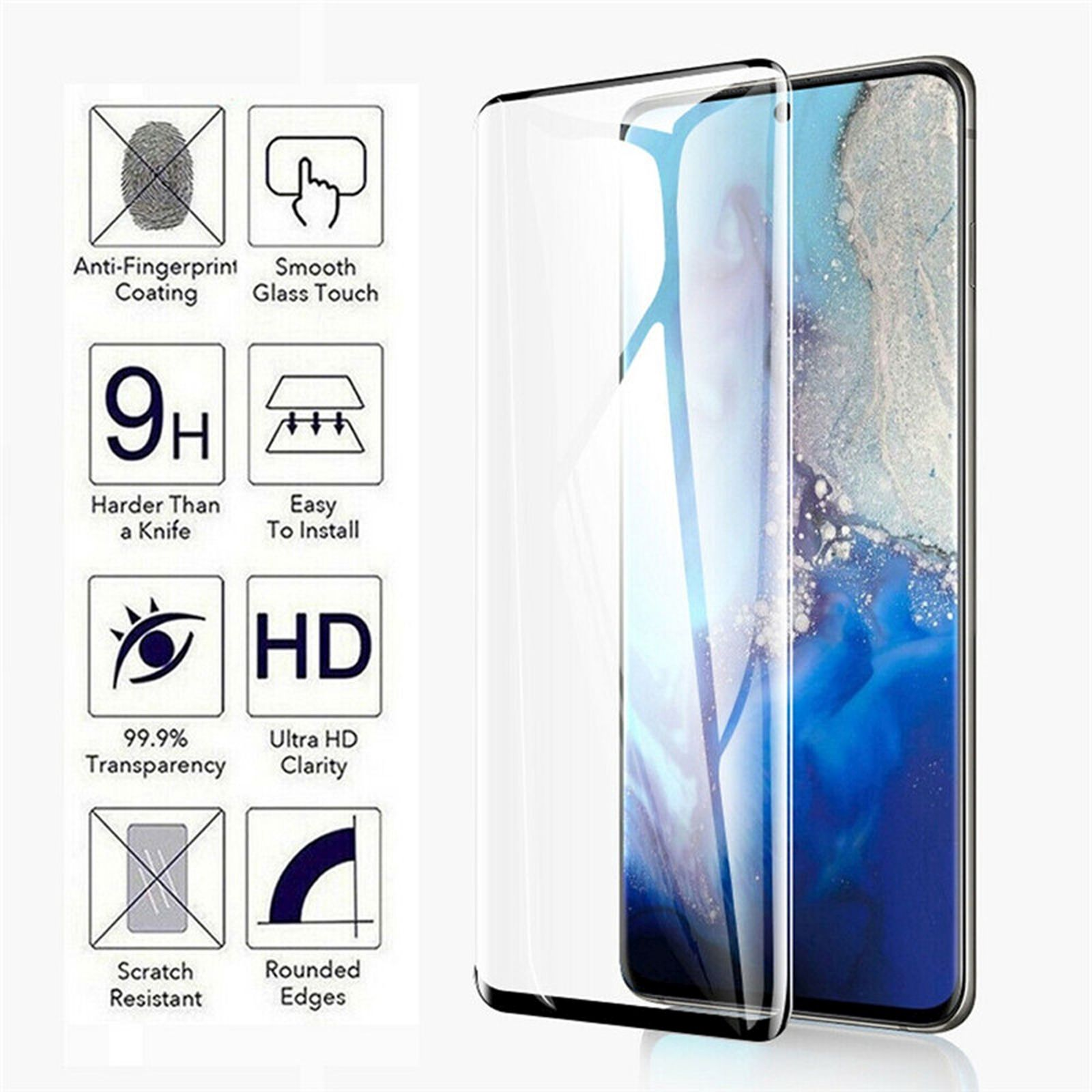 Transparenter Displayschutz mit Symbolen und einem Telefon. Weißer Hintergrund.