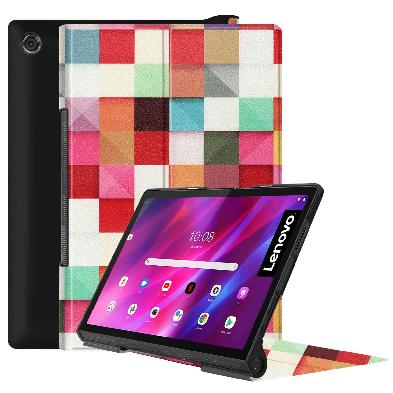 Tablet mit farbenfrohem Gehäuse und Ständer. Der Bildschirm zeigt Lenovo-Logo und Symbole.