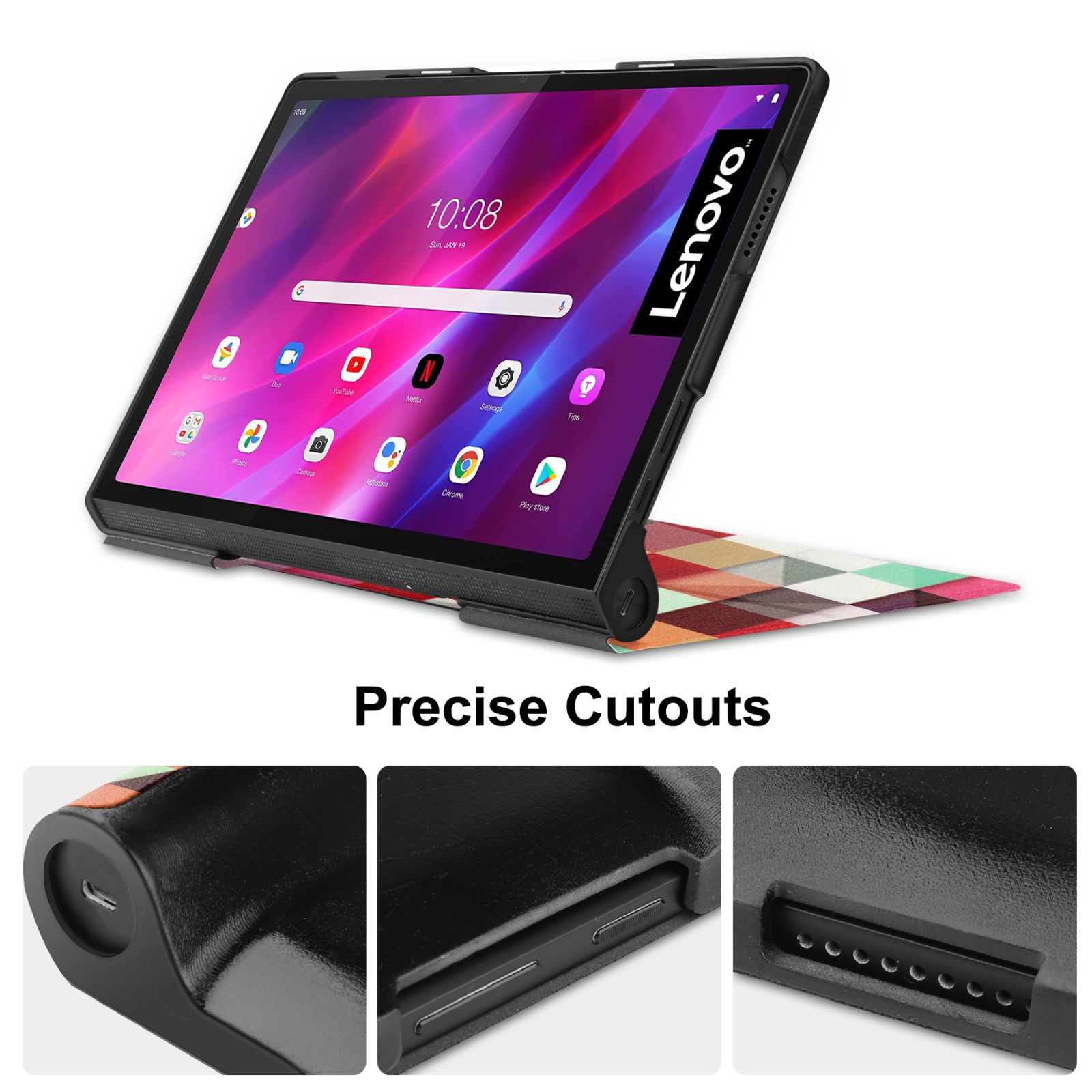 Schwarzes Tablet mit farbenfroher Hülle und drei Nahaufnahmen des Geräts.