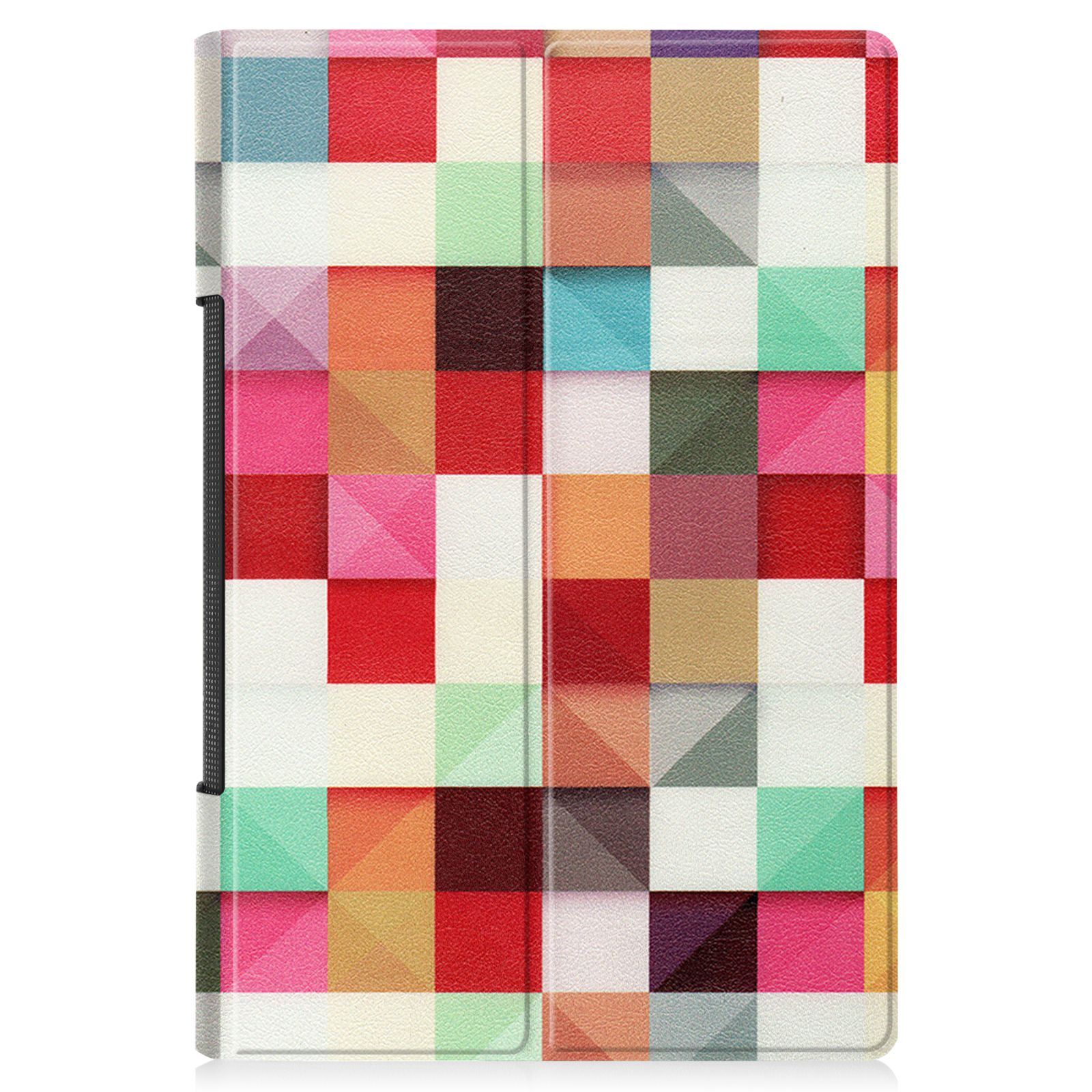 Tablethülle mit buntem geometrischem Muster.