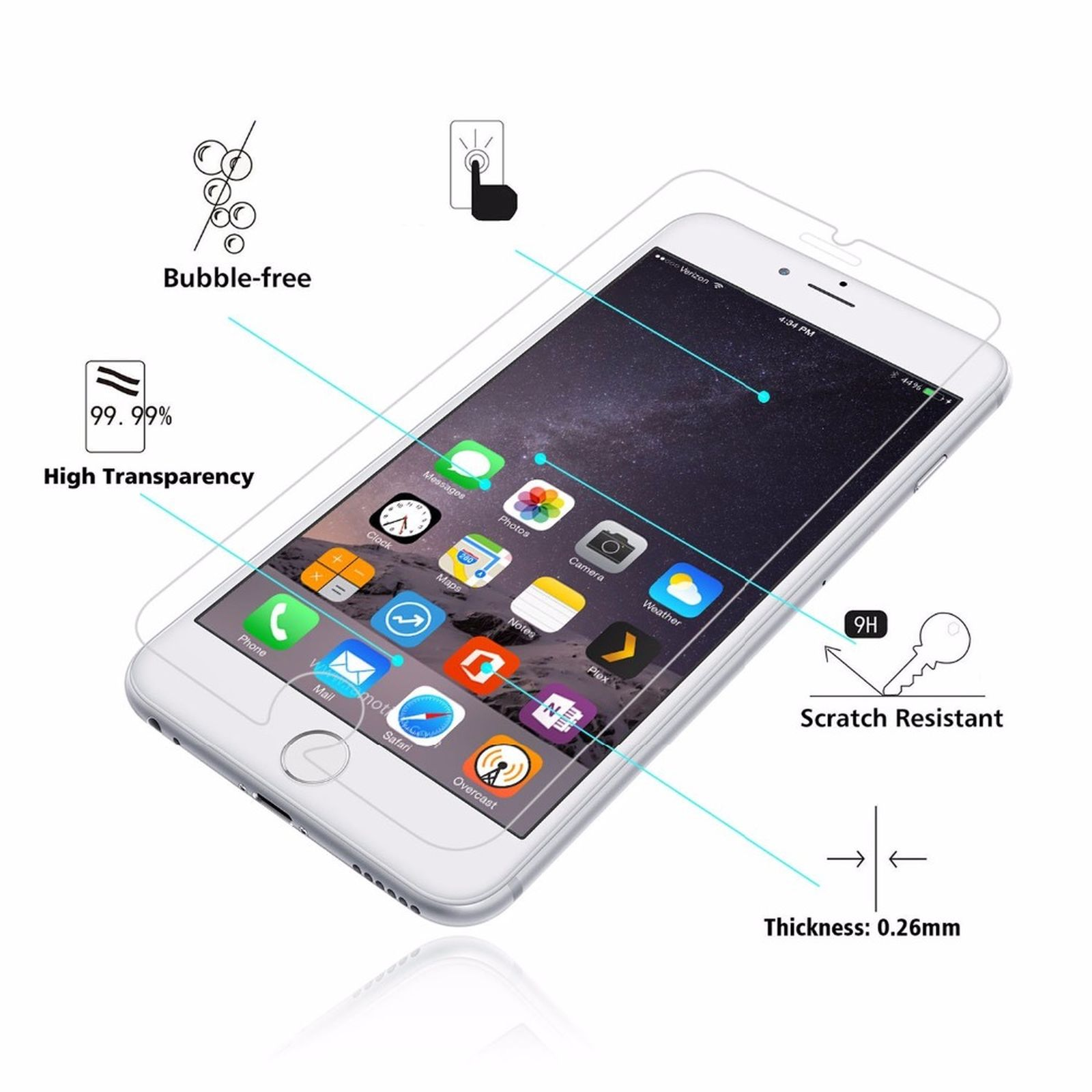 Un telefono con protezione schermo. Caratteristiche: alta trasparenza, senza bolle e resistente ai graffi. Icone delle app visibili.