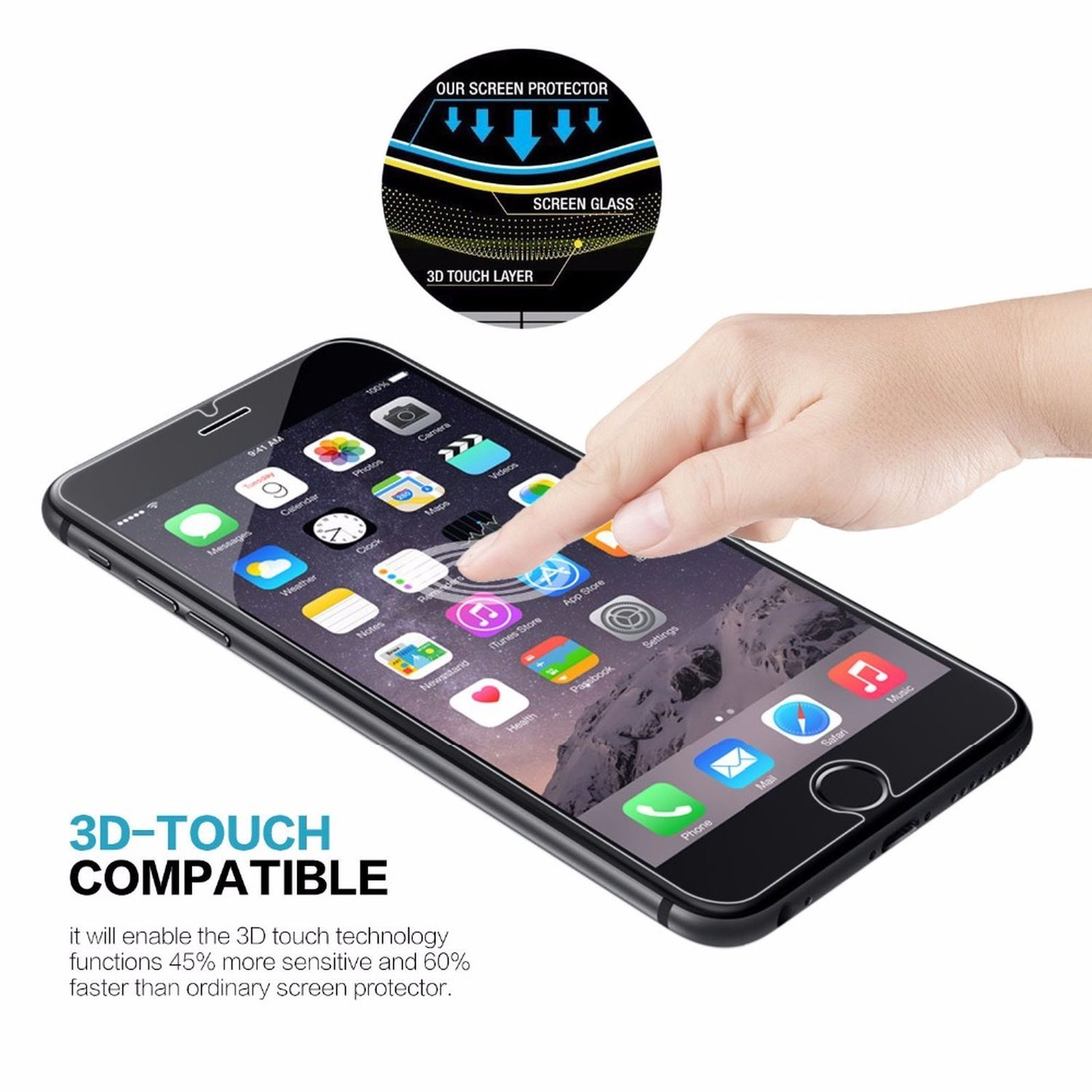 Mano che tocca lo schermo di un telefono con icone. Un diagramma mostra gli strati protettivi. Testo: Compatibile 3D-Touch.