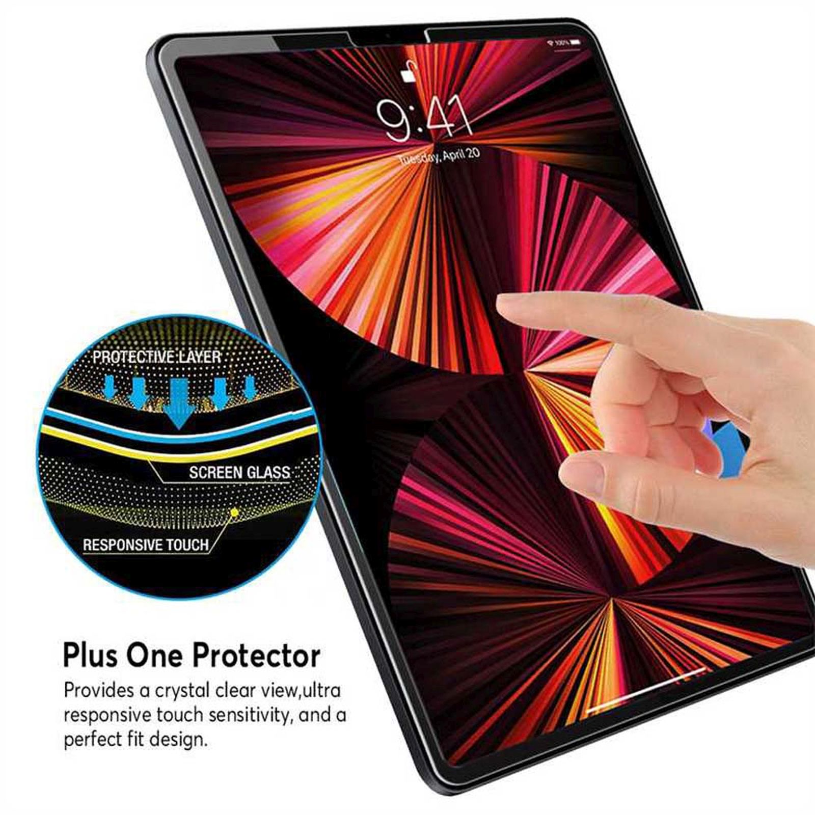 Schermo del tablet con una protezione per lo schermo. Un dito tocca lo schermo, mostrando la protezione.