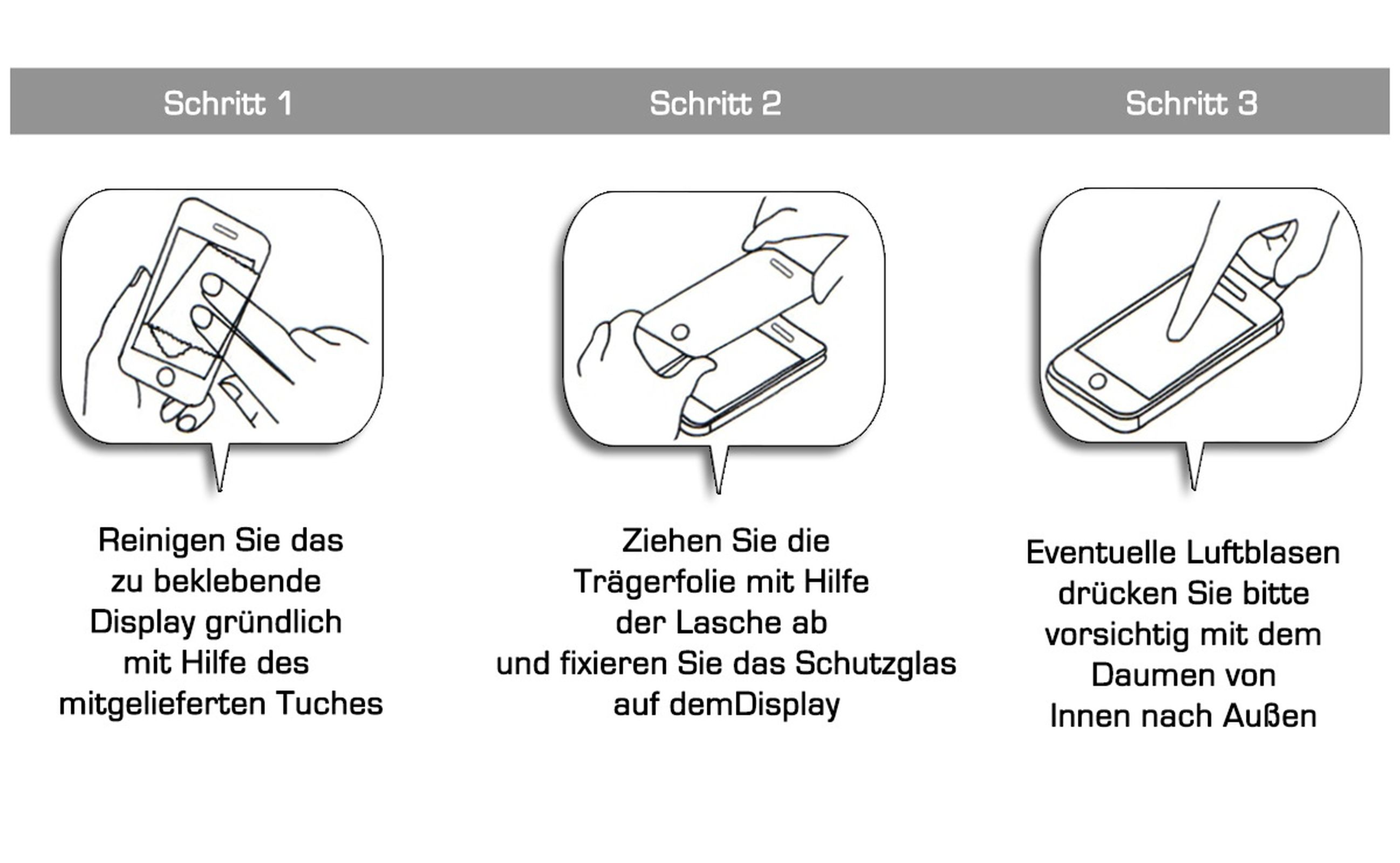 Anweisungen zum Anbringen einer Displayschutzfolie. Drei Schritte werden gezeigt: Reinigen, Abziehen und Glätten.