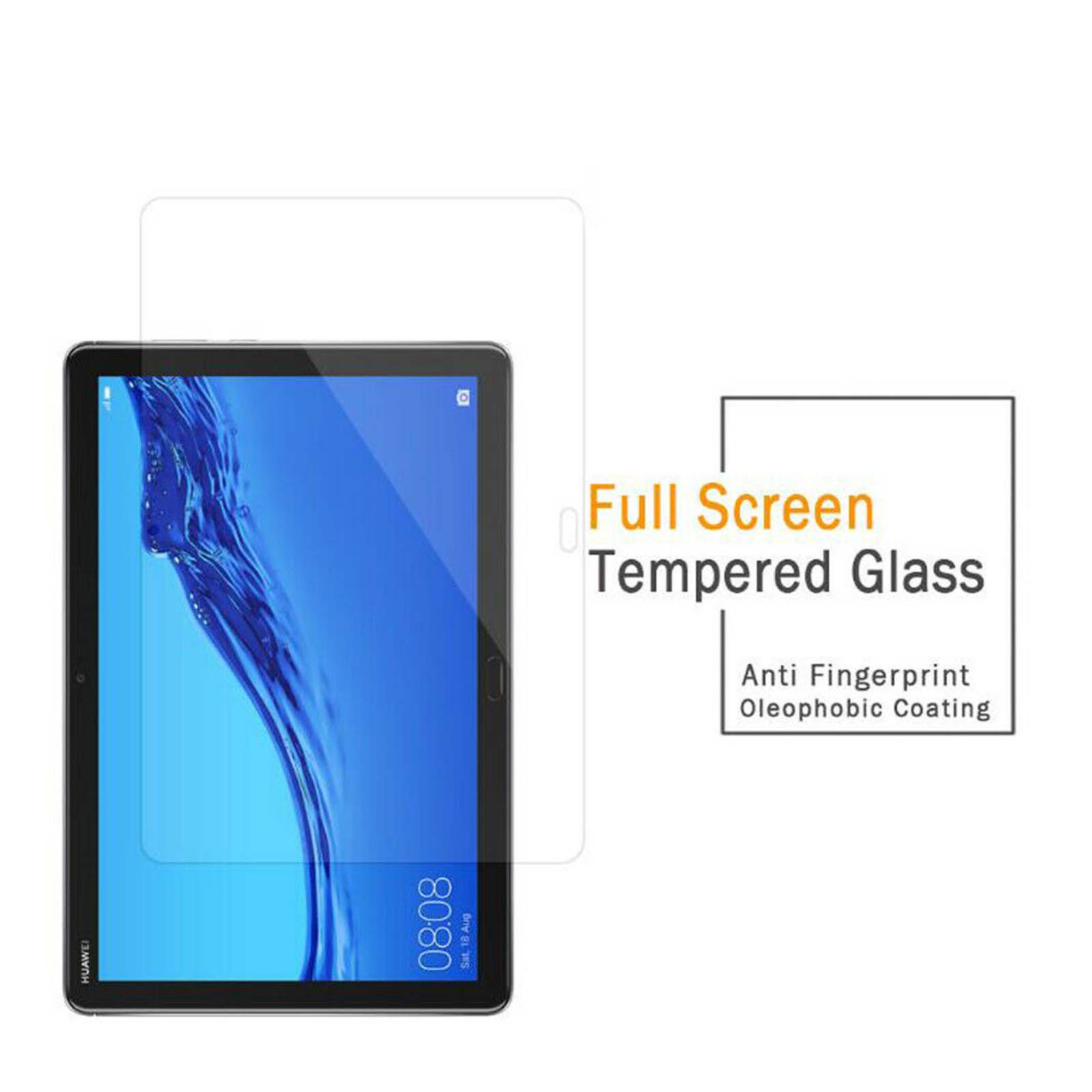 Tablet con protezione schermo. Testo indica vetro temperato a schermo intero con rivestimento anti-impronta.