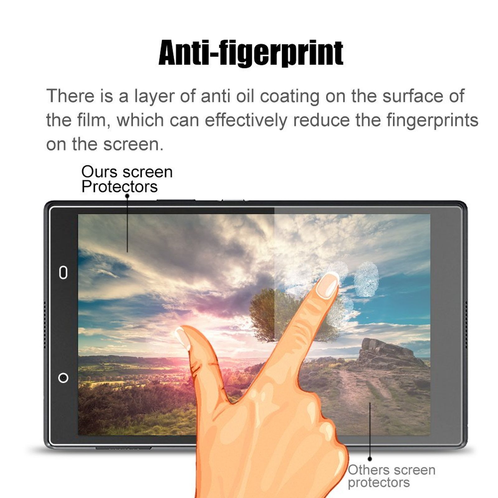 Tablet con protezione schermo. Impronta della mano sullo schermo. Sfondo bianco.