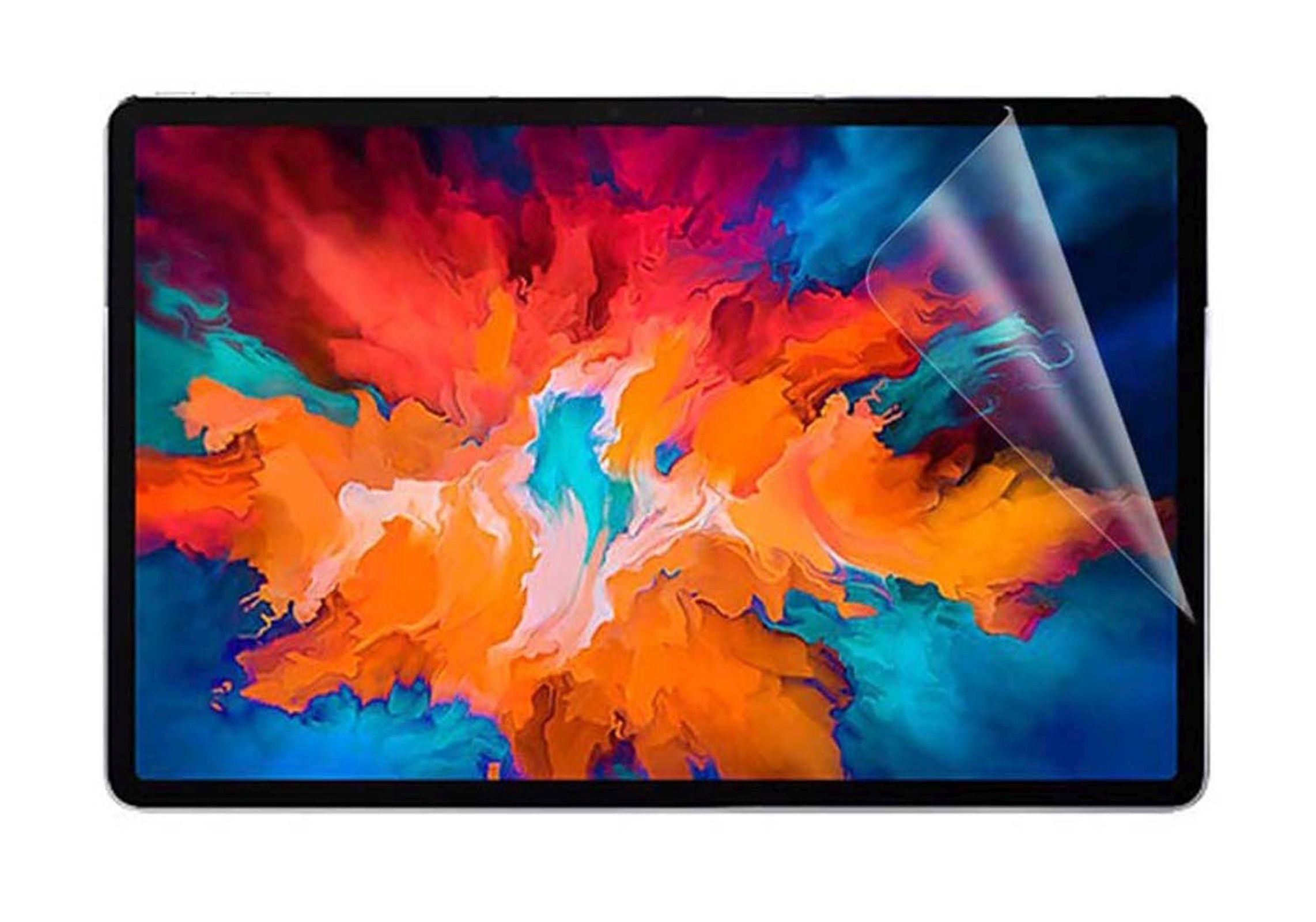 Tablet con protezione schermo che si stacca. Lo schermo mostra un design astratto. Cornice nera.