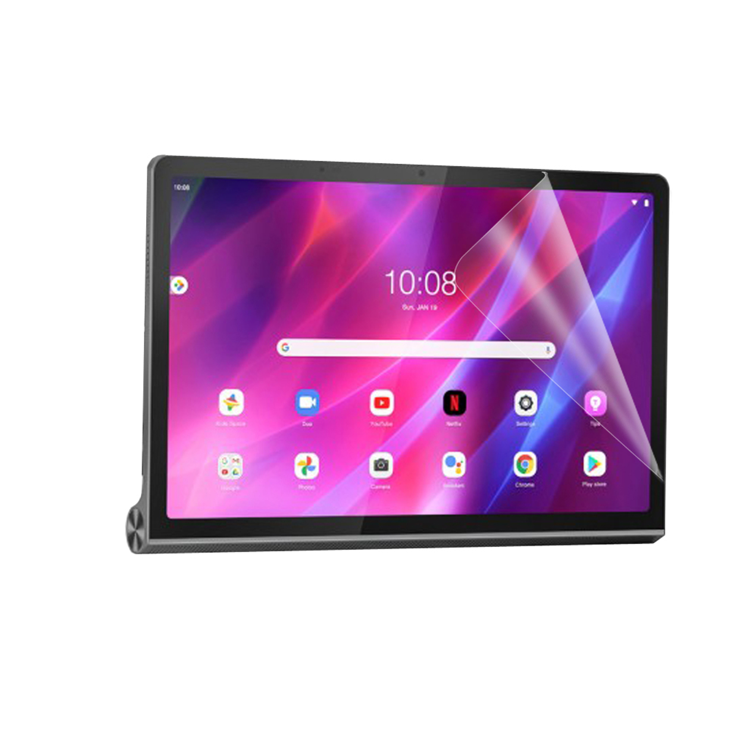 Tablet mit Displayschutzfolie. Der Bildschirm zeigt App-Symbole und die Uhrzeit. Der Schutz ist klar.