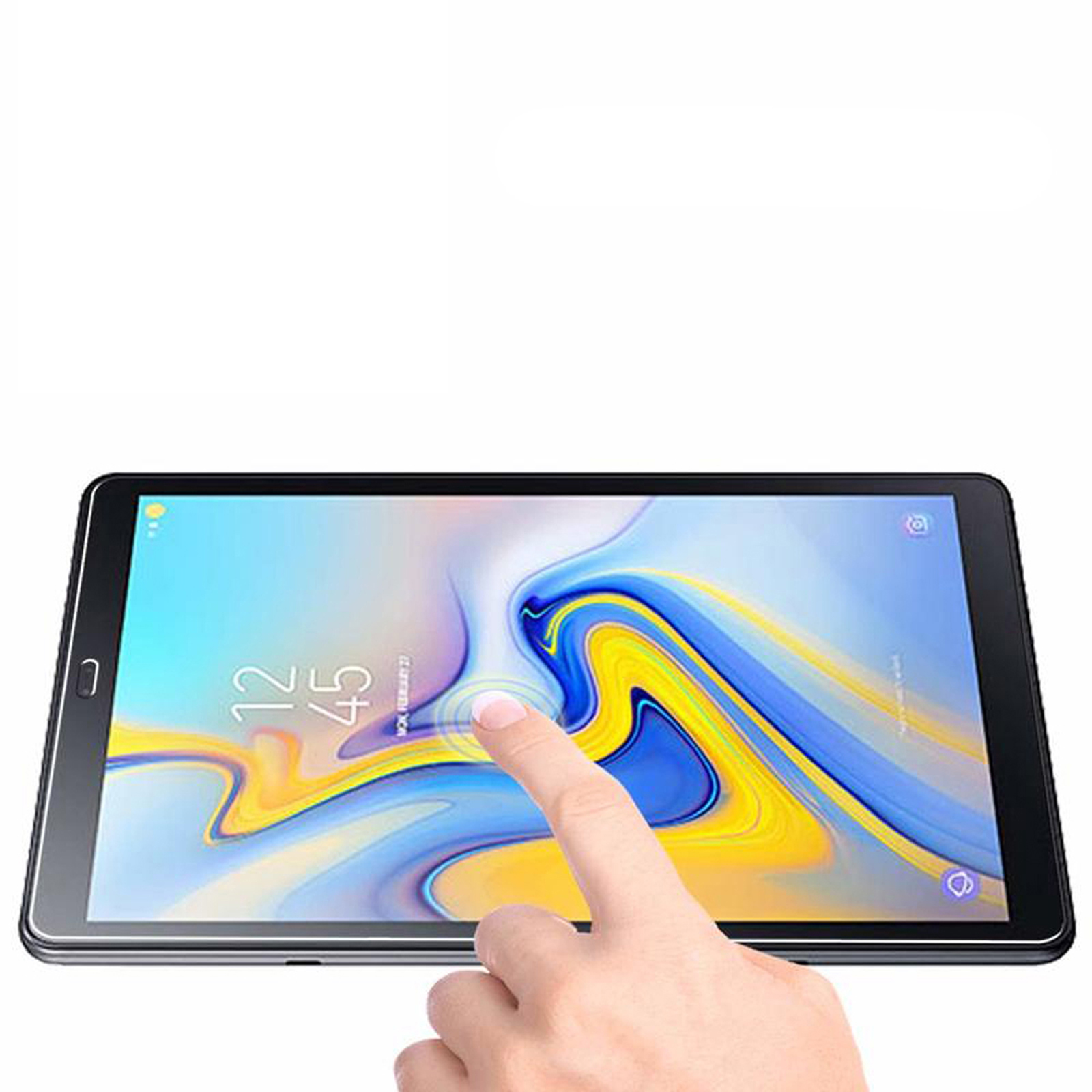 Una mano tocca lo schermo di un tablet. Lo schermo mostra uno sfondo astratto colorato.