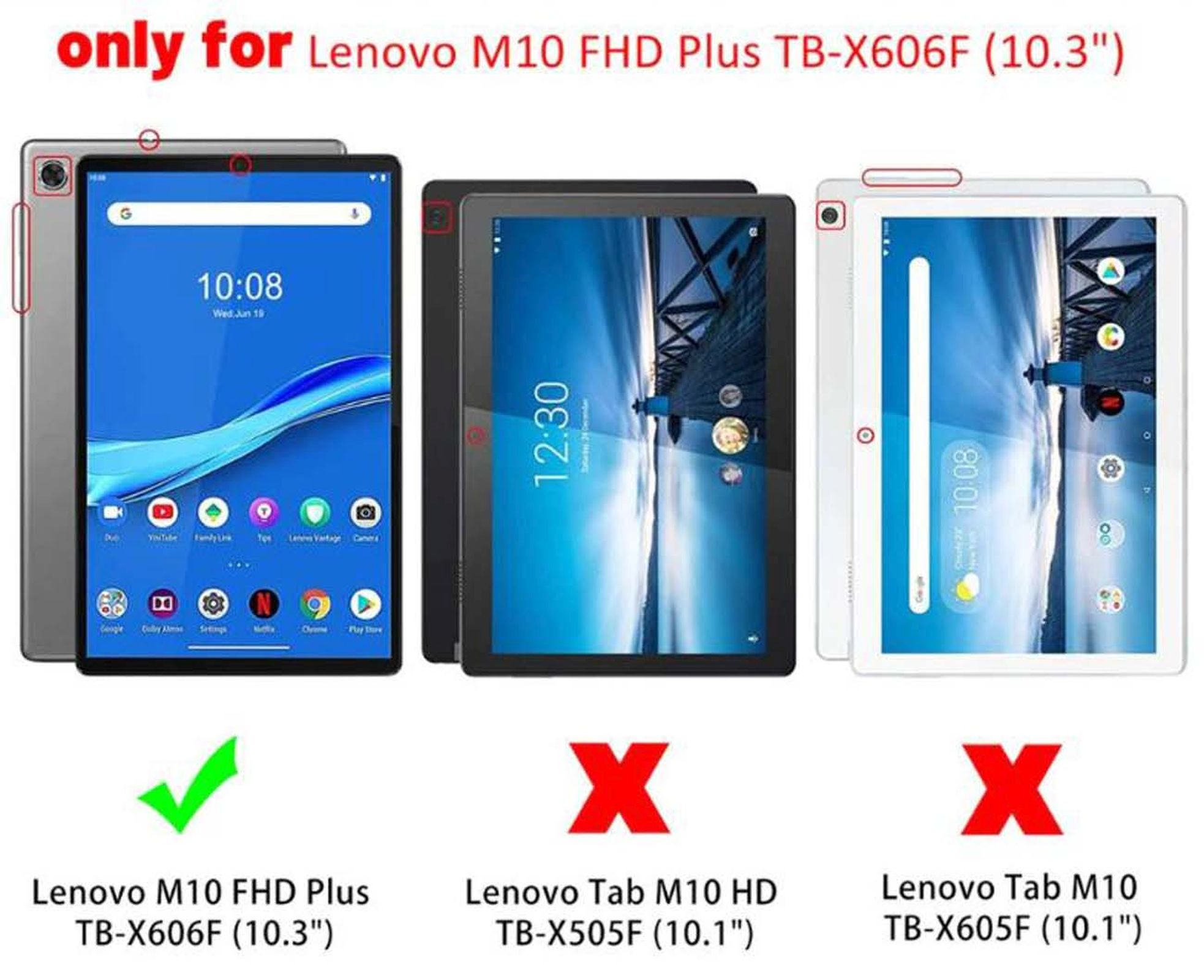 L'immagine mostra 3 tablet, solo il Lenovo M10 FHD Plus è compatibile, indicato da un segno di spunta verde.