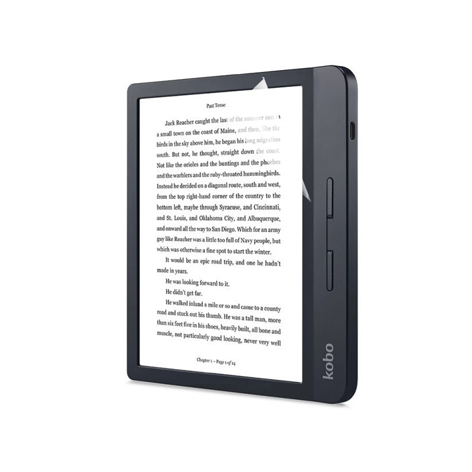 E-reader con cornice nera e schermo che mostra testo. È su una superficie bianca.