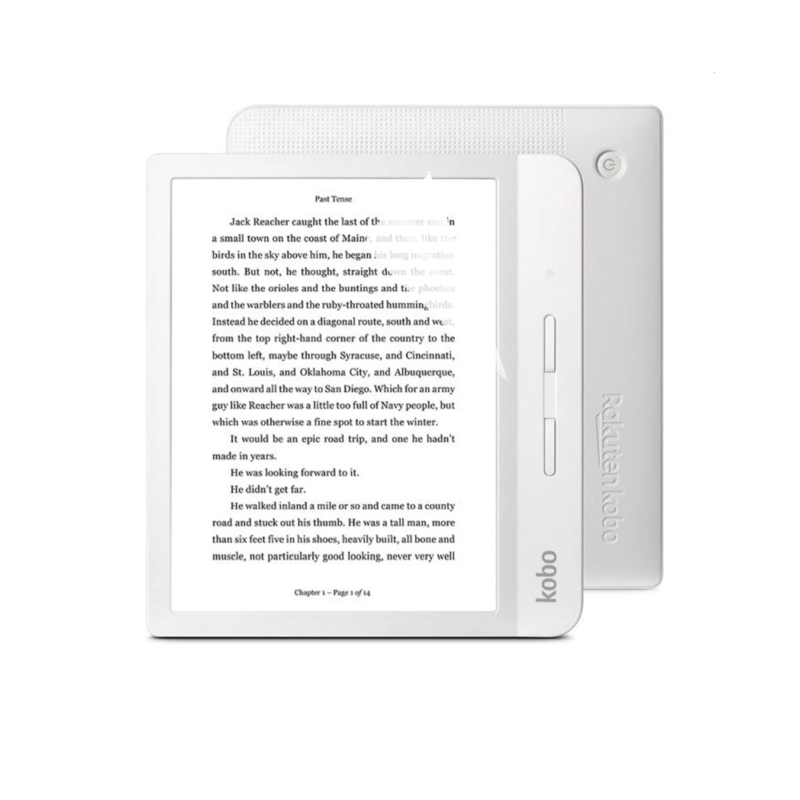 Un e-reader bianco con una pagina aperta che mostra il testo. Un altro e-reader è appoggiato dietro. Lo sfondo è bianco.