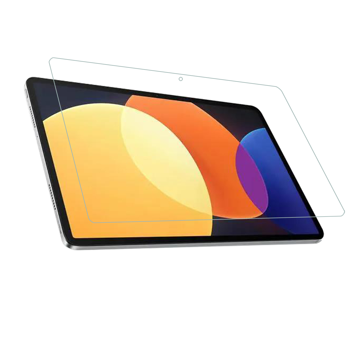 Tablet con protezione schermo, sfondo arancione, blu e bianco.