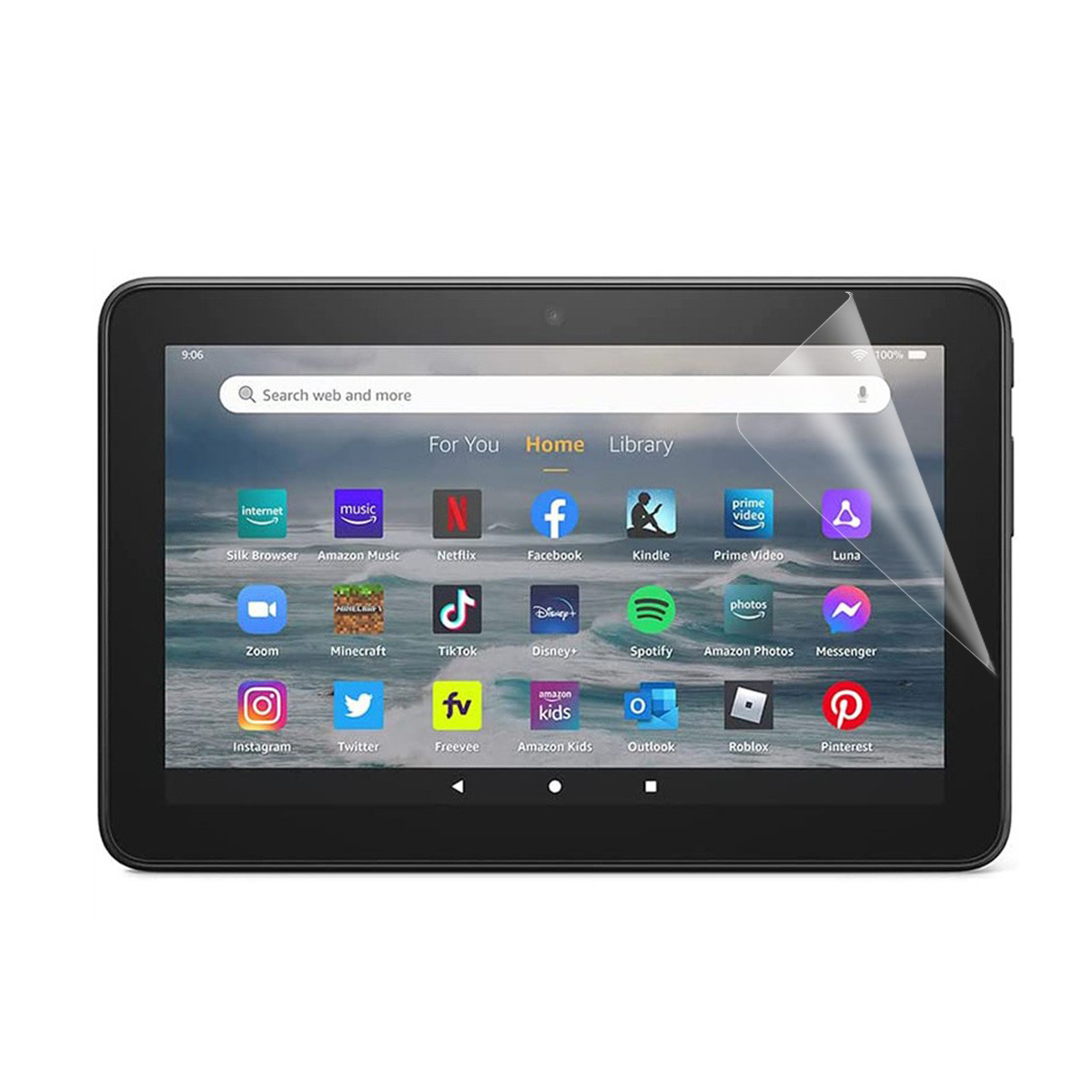 Tablet nero che mostra una schermata iniziale con varie icone di app e una protezione per lo schermo.