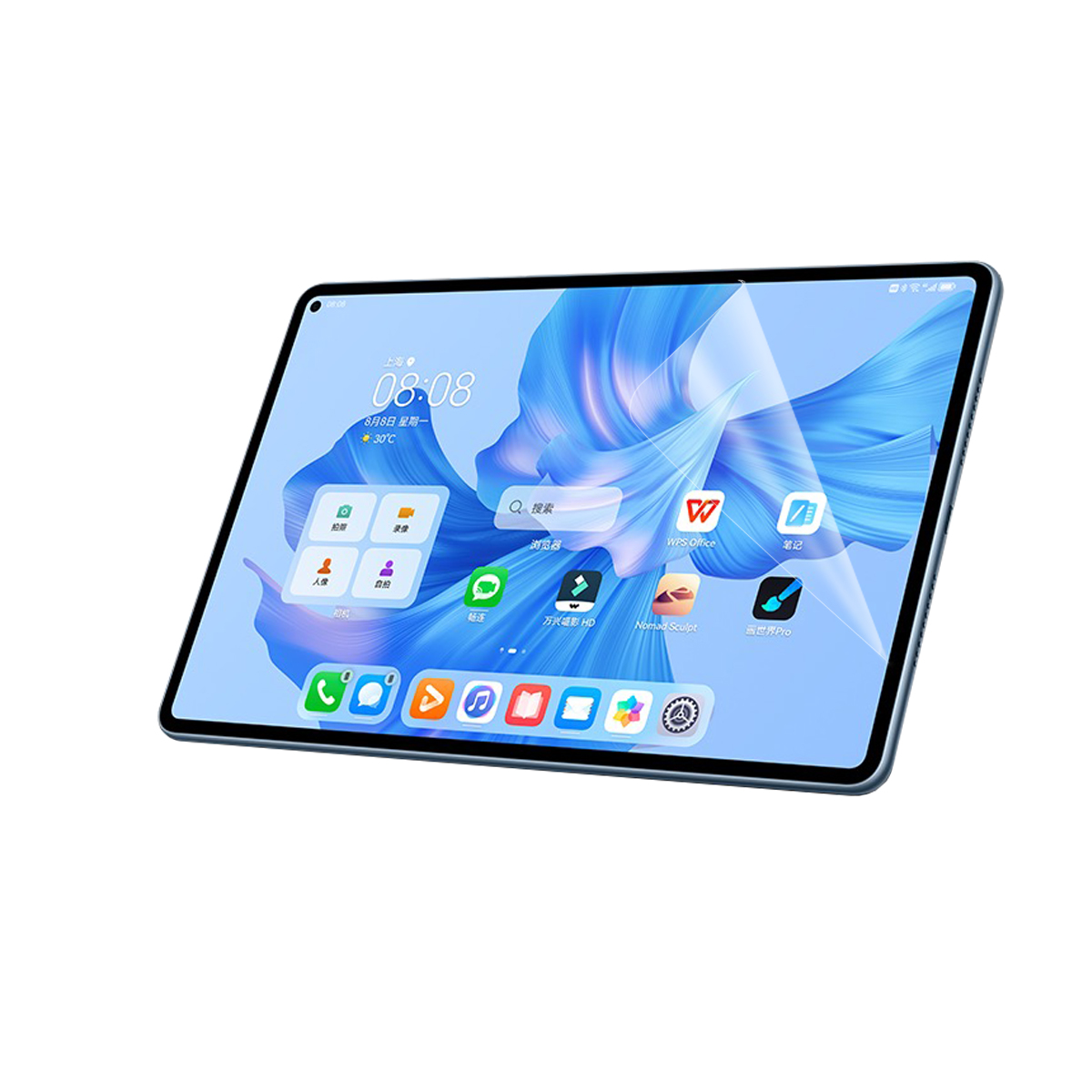 Uno schermo del tablet mostra icone, ora e percentuale batteria. Lo sfondo è azzurro.