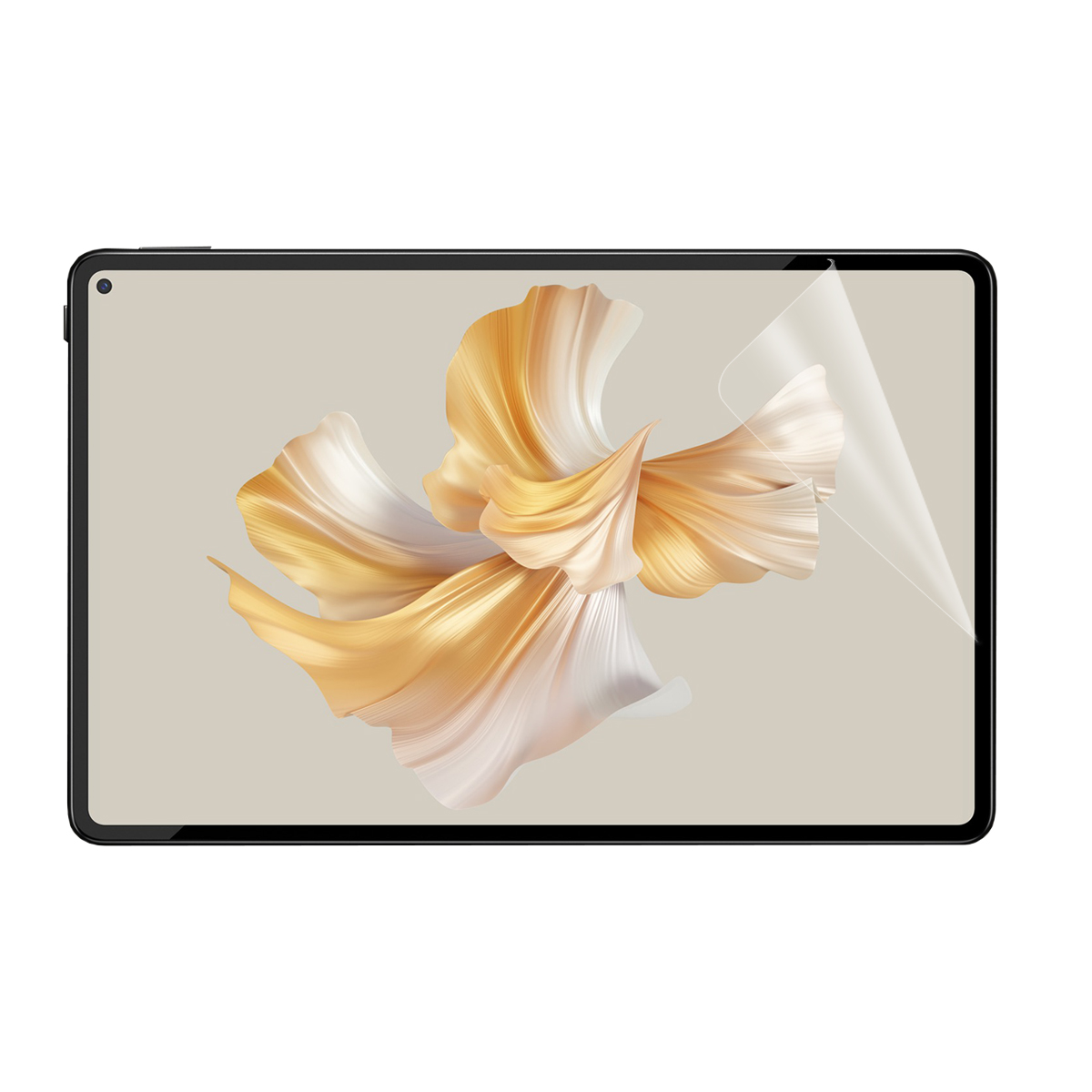 Tablet con protezione schermo applicata. Lo schermo mostra un design floreale astratto oro e bianco.