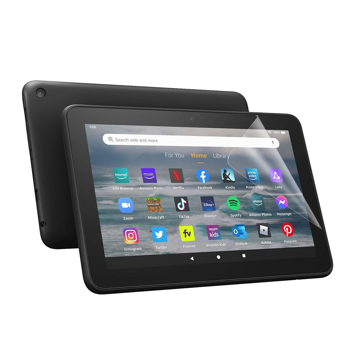 Sono mostrati due tablet neri. Un tablet ha uno schermo che mostra app e una barra di ricerca. L'altro è dietro.