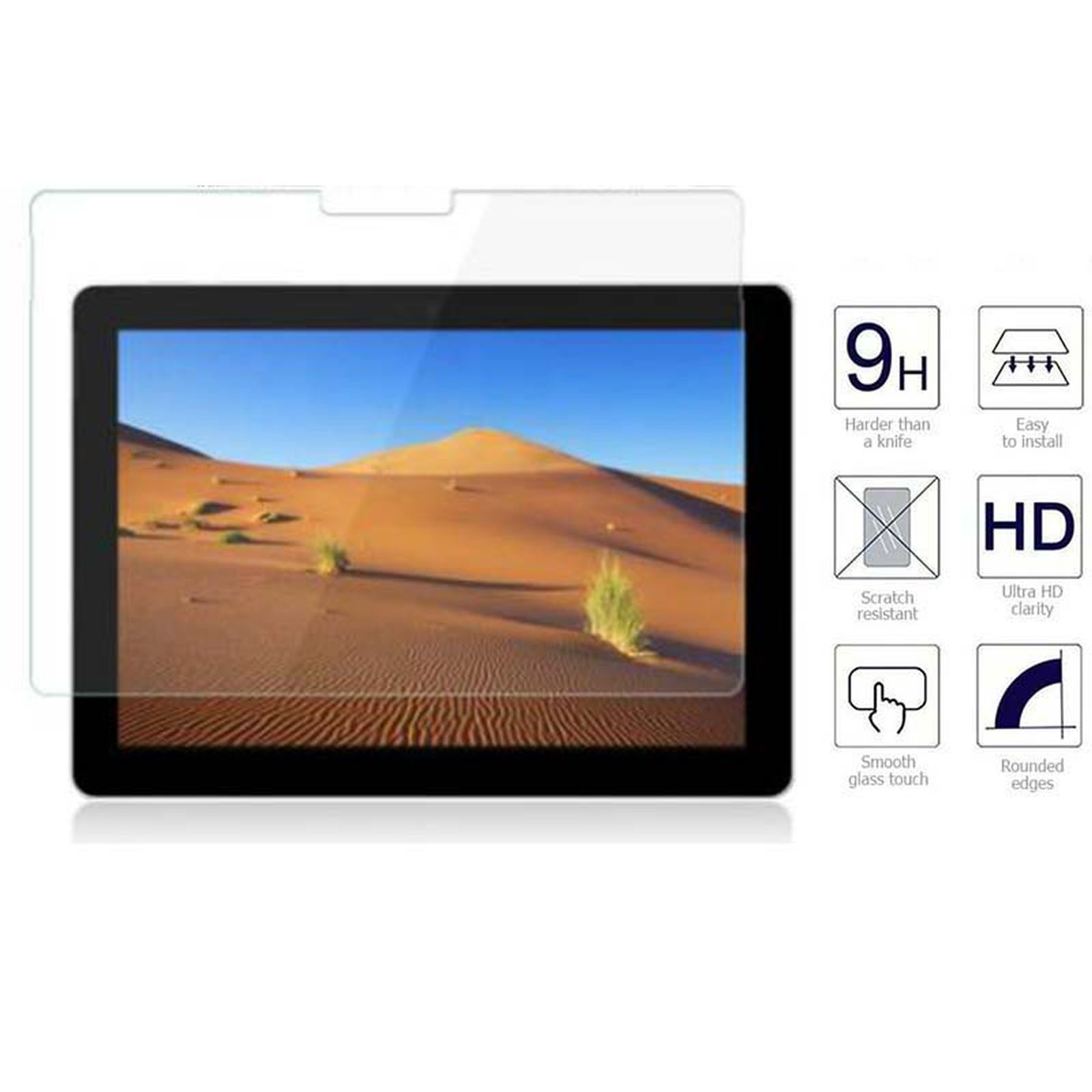 Pellicola protettiva per tablet con icone che illustrano chiarezza e resistenza ai graffi.