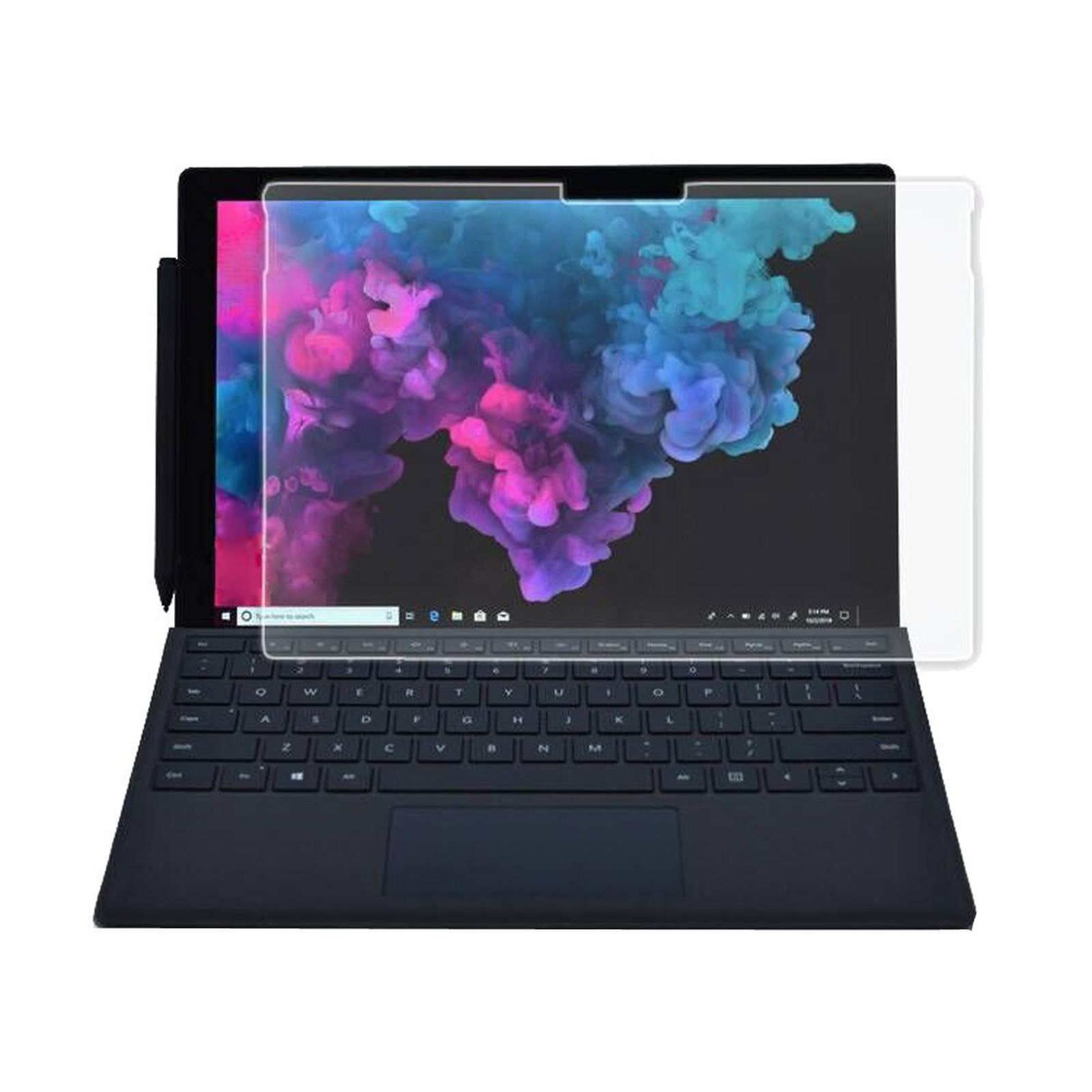Un laptop con una protezione per lo schermo, lo schermo mostra un'immagine astratta colorata.