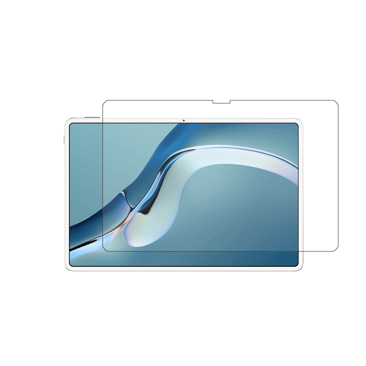Un tablet con una protezione per lo schermo applicata. Lo schermo mostra un'immagine blu e bianca.