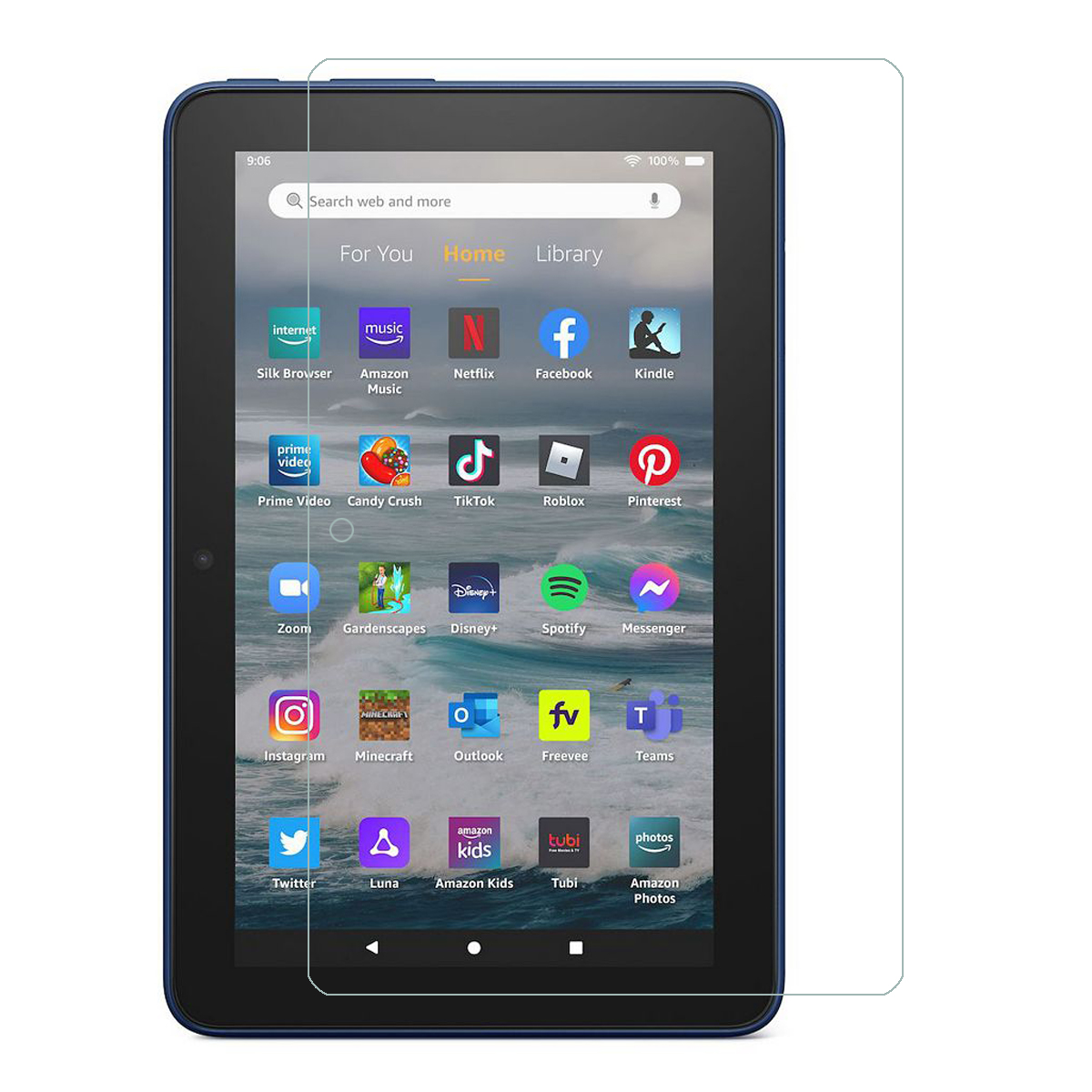 Un tablet con un proteggi schermo applicato. Lo schermo mostra una schermata iniziale con varie icone di app.