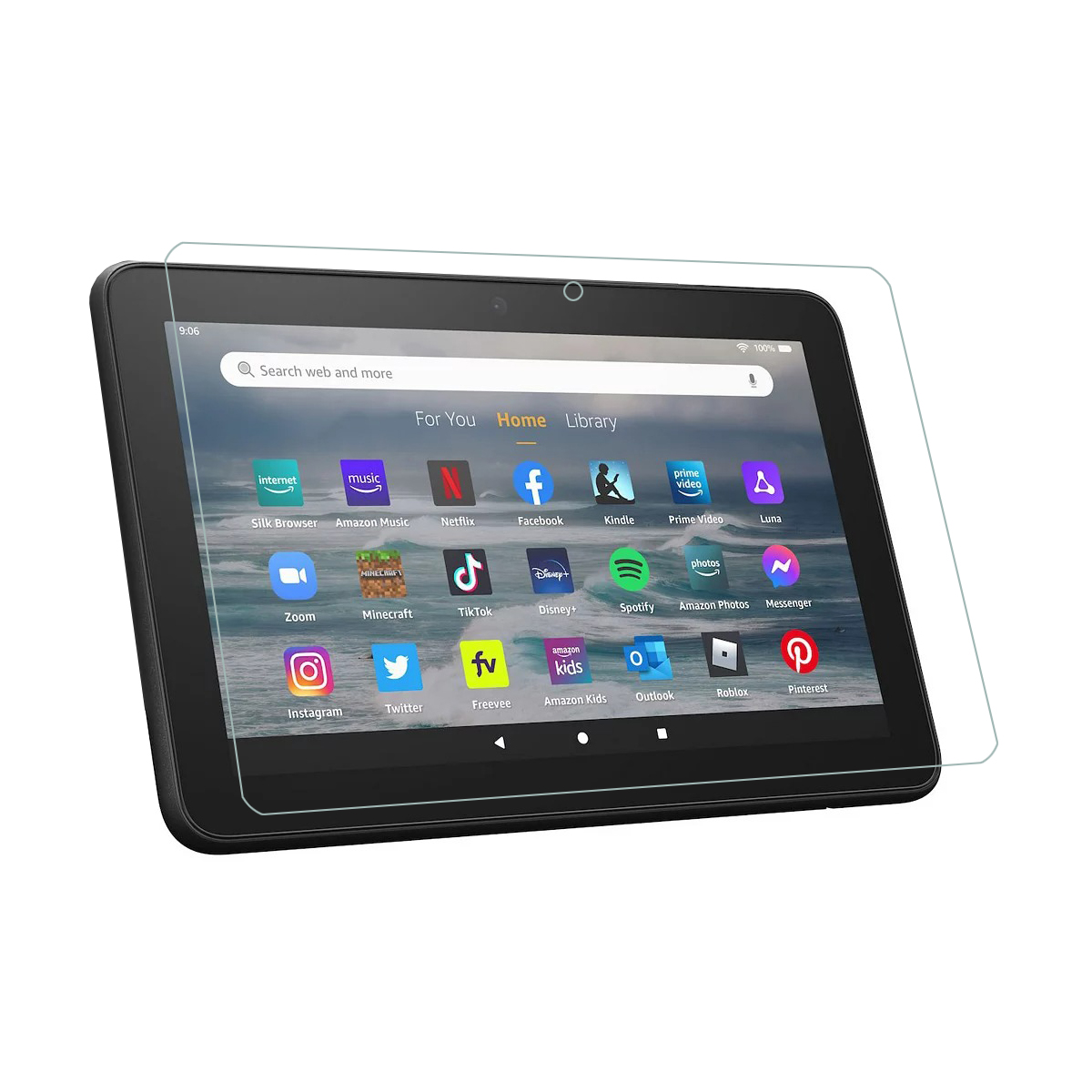 Tablet con protezione schermo applicata, che mostra le icone delle app. La protezione è trasparente.