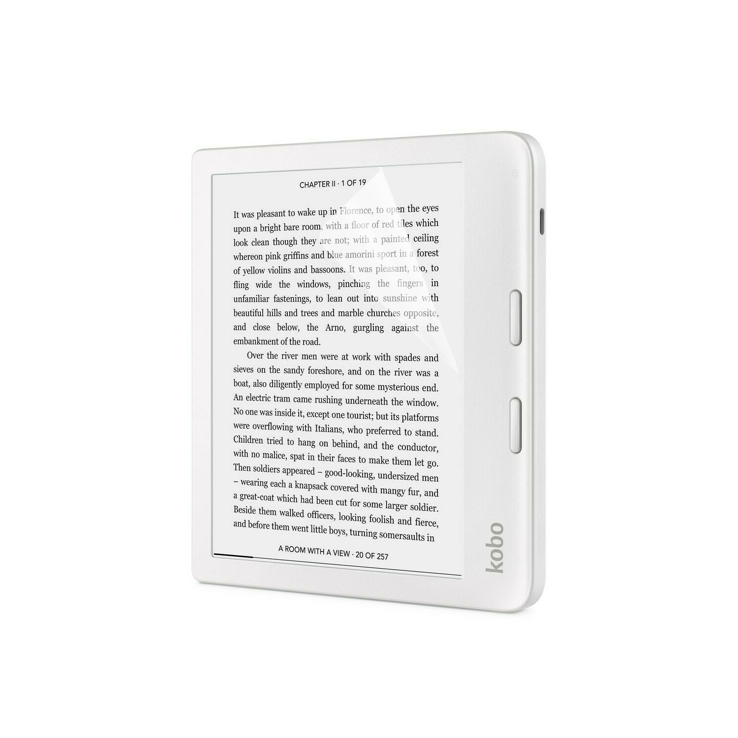 Lettore e-book Kobo bianco aperto su una pagina del libro. Testo visibile.
