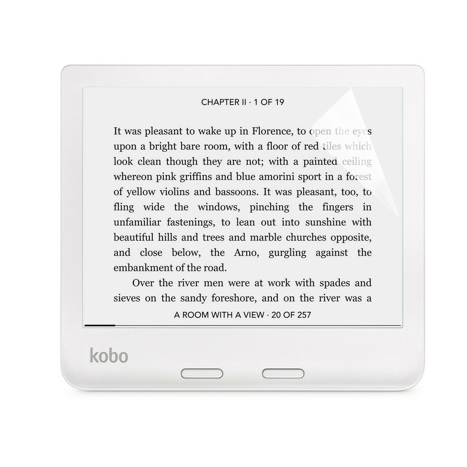 E-reader che mostra testo. Sfondo bianco. Capitolo II di 19.