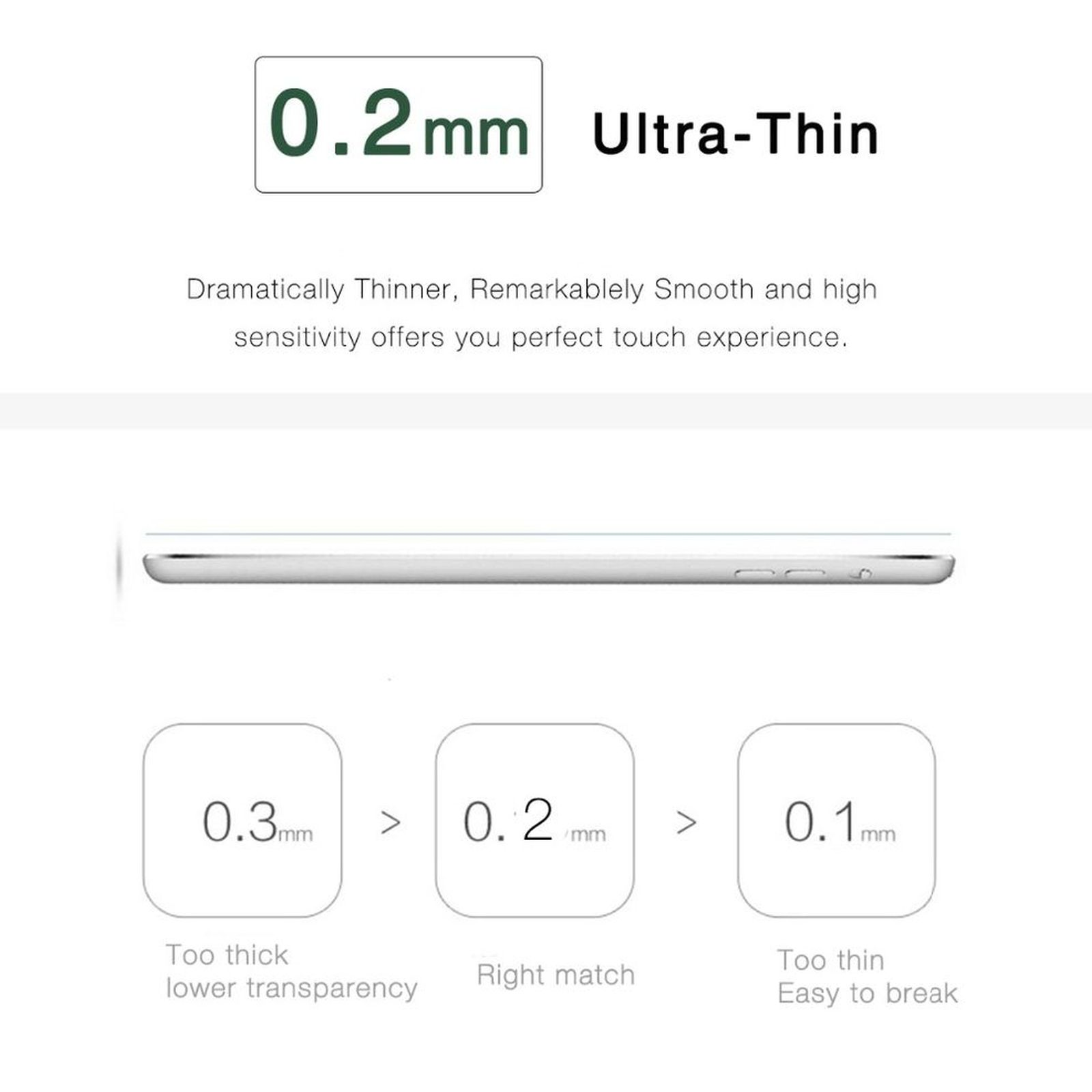 Das Bild zeigt Produktdetails mit dem Text: 0,2 mm Ultra-Dünn. Es vergleicht die Dicken: 0,3 mm, 0,2 mm und 0,1 mm.