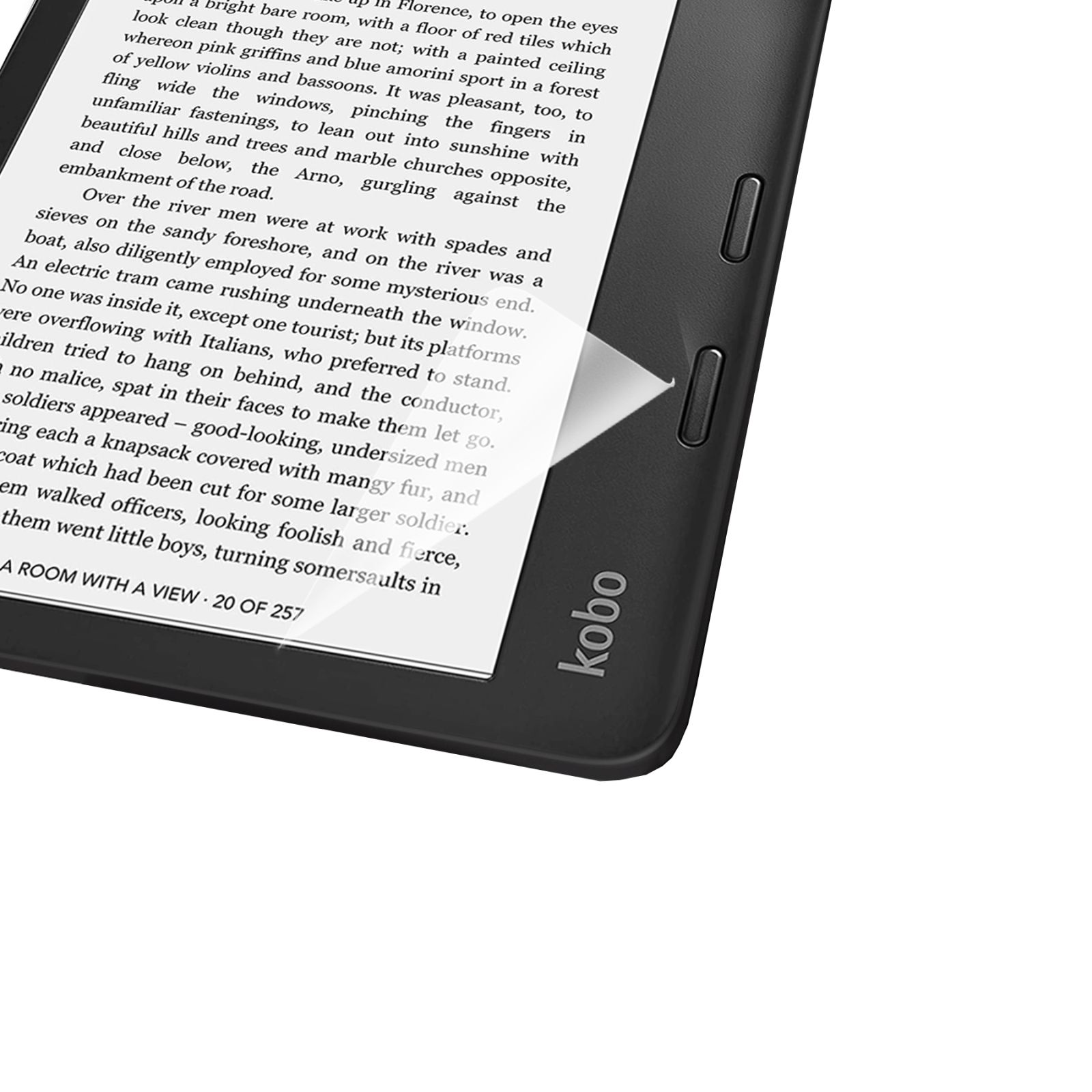Un e-reader aperto con testo sullo schermo e una protezione.