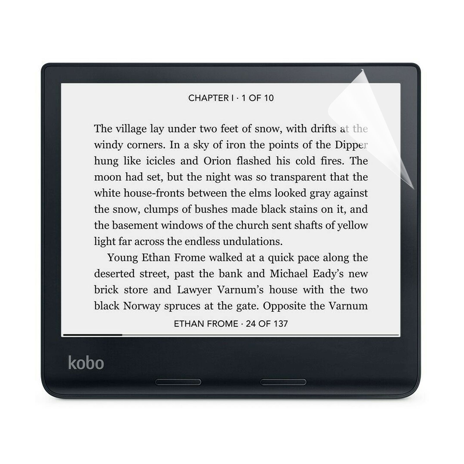 E-reader con protezione schermo, che mostra il testo di un libro, sfondo bianco.