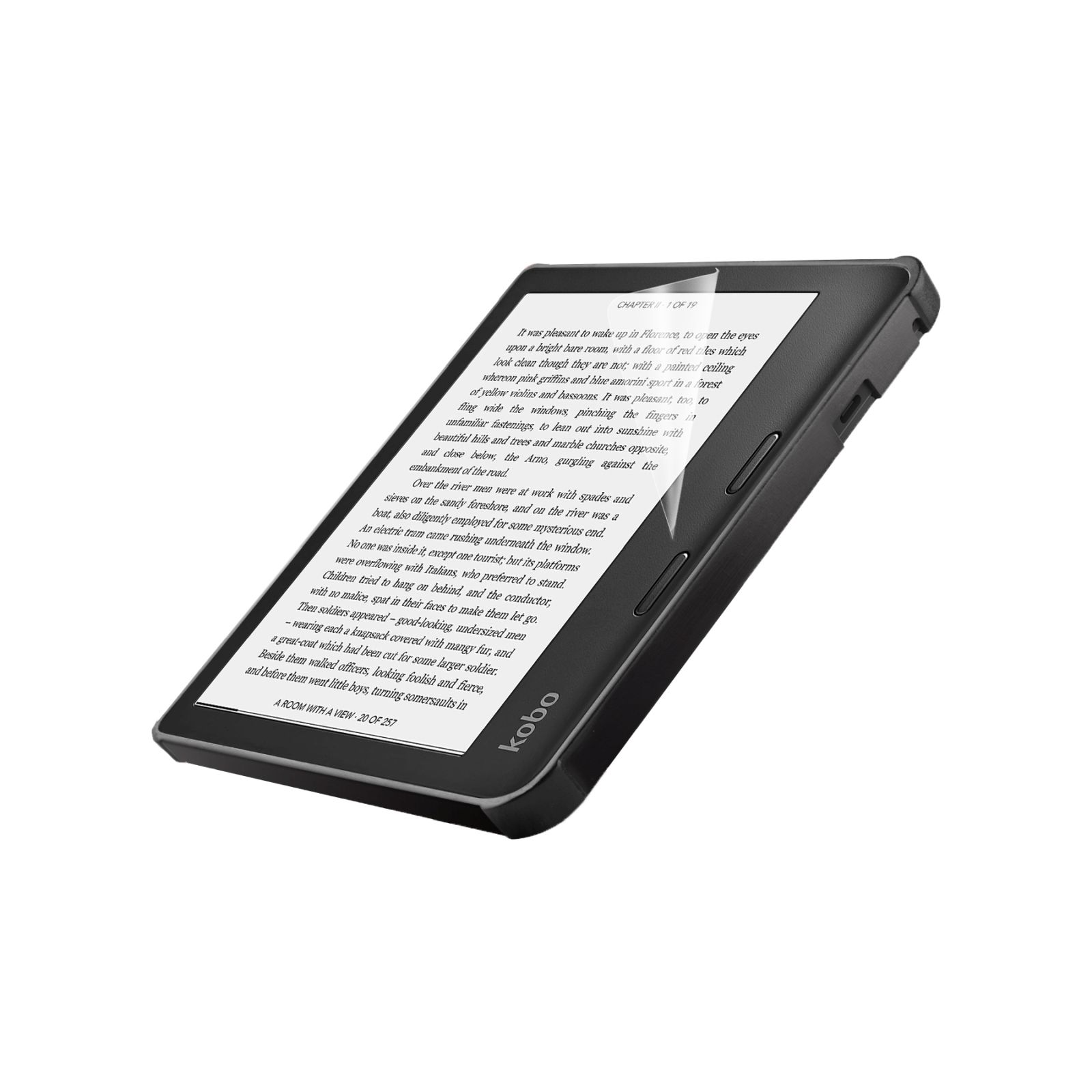 Un e-reader che mostra testo, in una custodia nera. Il libro è aperto a un capitolo.