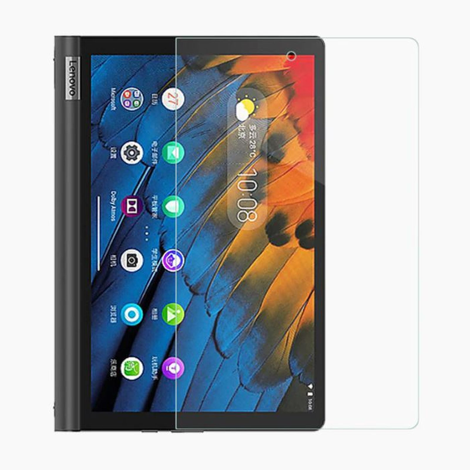 Schwarzes Tablet mit Displayschutz. Der Bildschirm zeigt App-Symbole und die Uhrzeit 10:08.