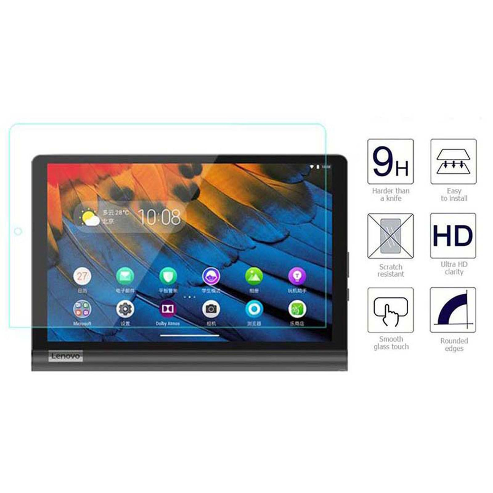 Tablet mit Displayschutzfolie und Symbolen. Rechts sind 9H, HD und andere Symbole.