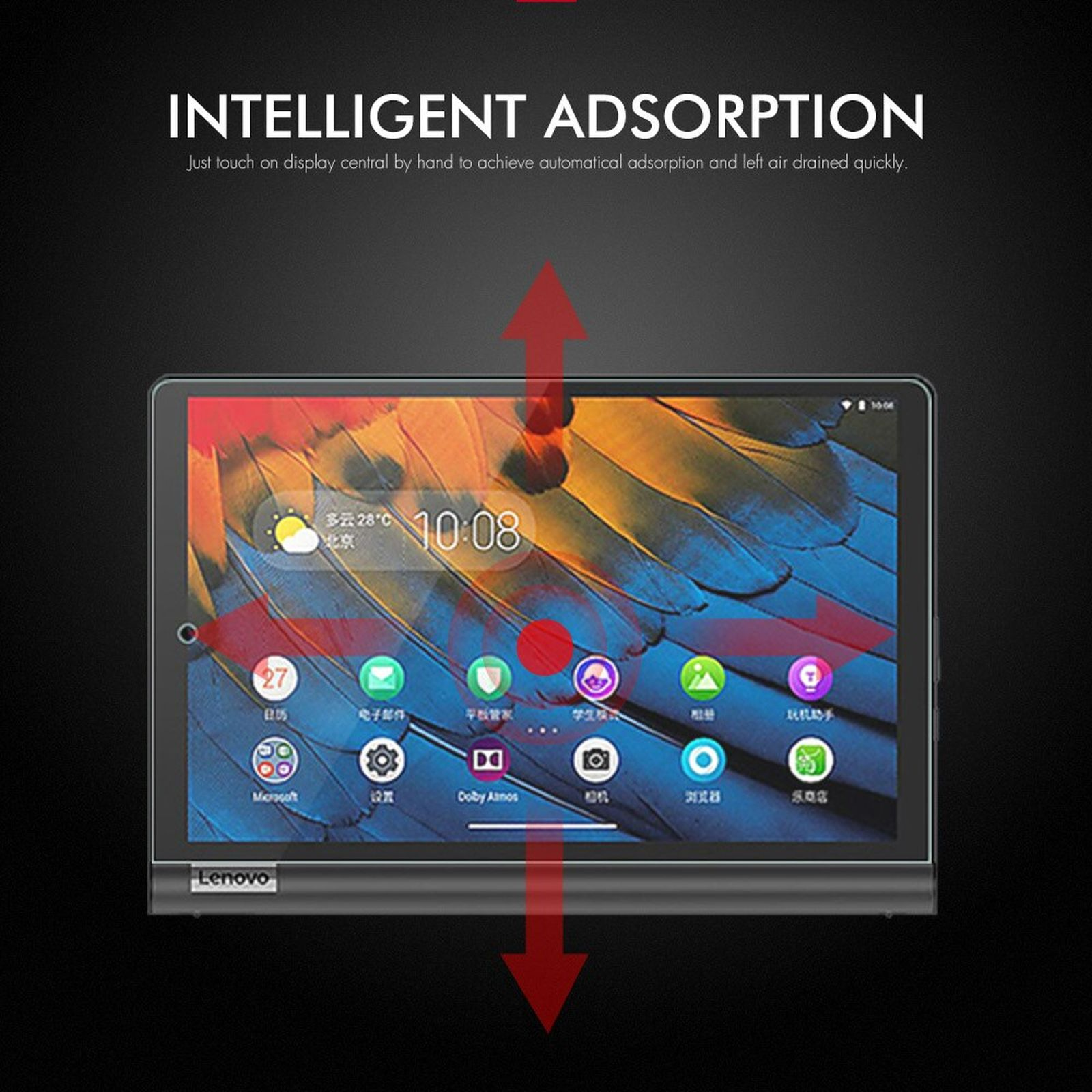 Ein Tablet mit Benutzeroberfläche, mit Pfeilen nach oben und unten. Rote Kreise sind ebenfalls vorhanden.