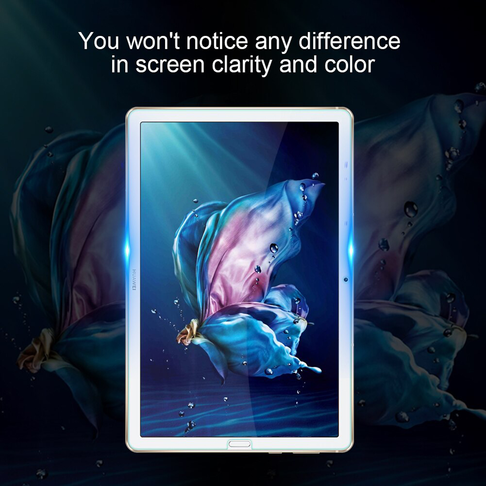 Tablet con protezione schermo, farfalle sullo sfondo e testo: nessuna differenza.