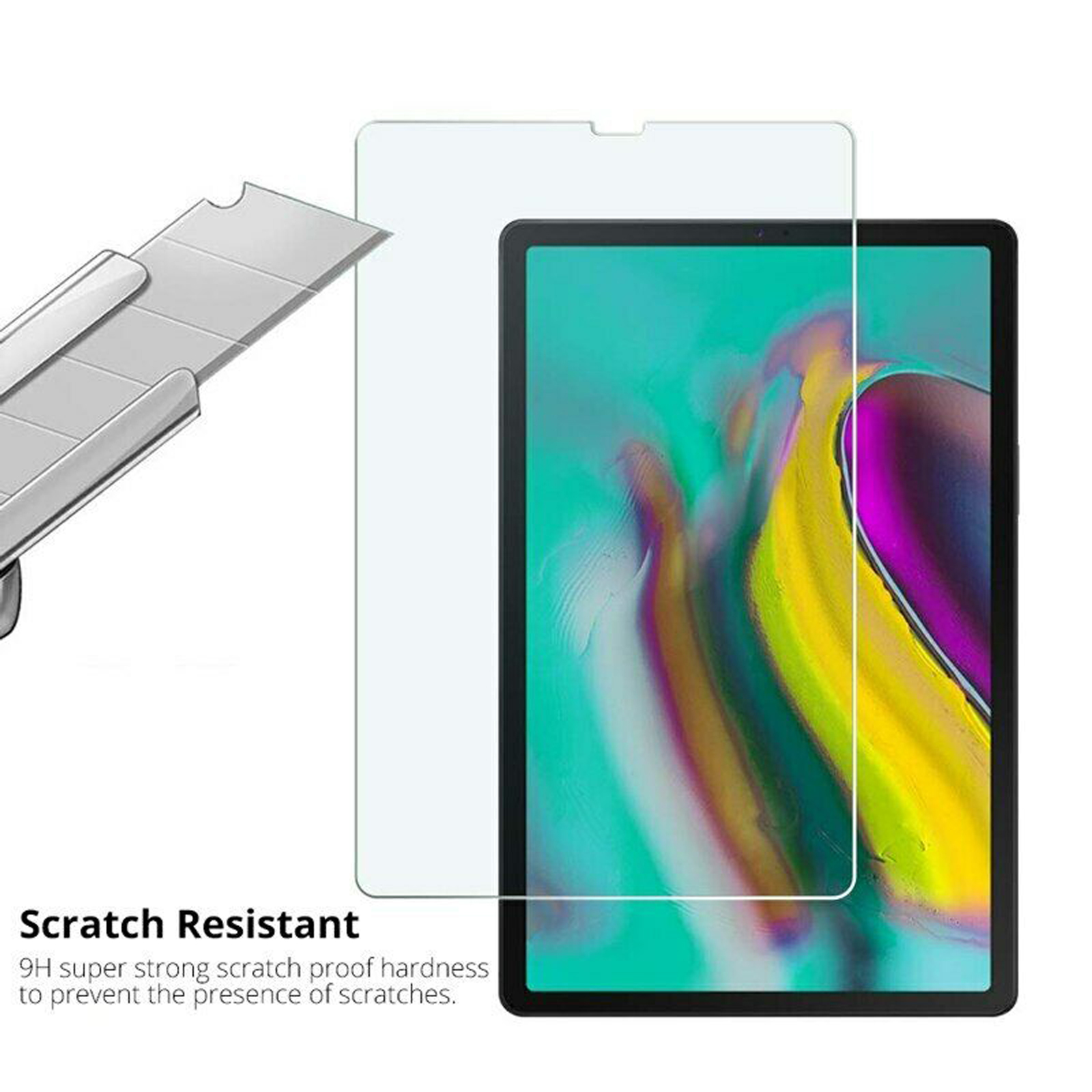 Tablet con protezione schermo. Un coltello per dimostrare la resistenza ai graffi.