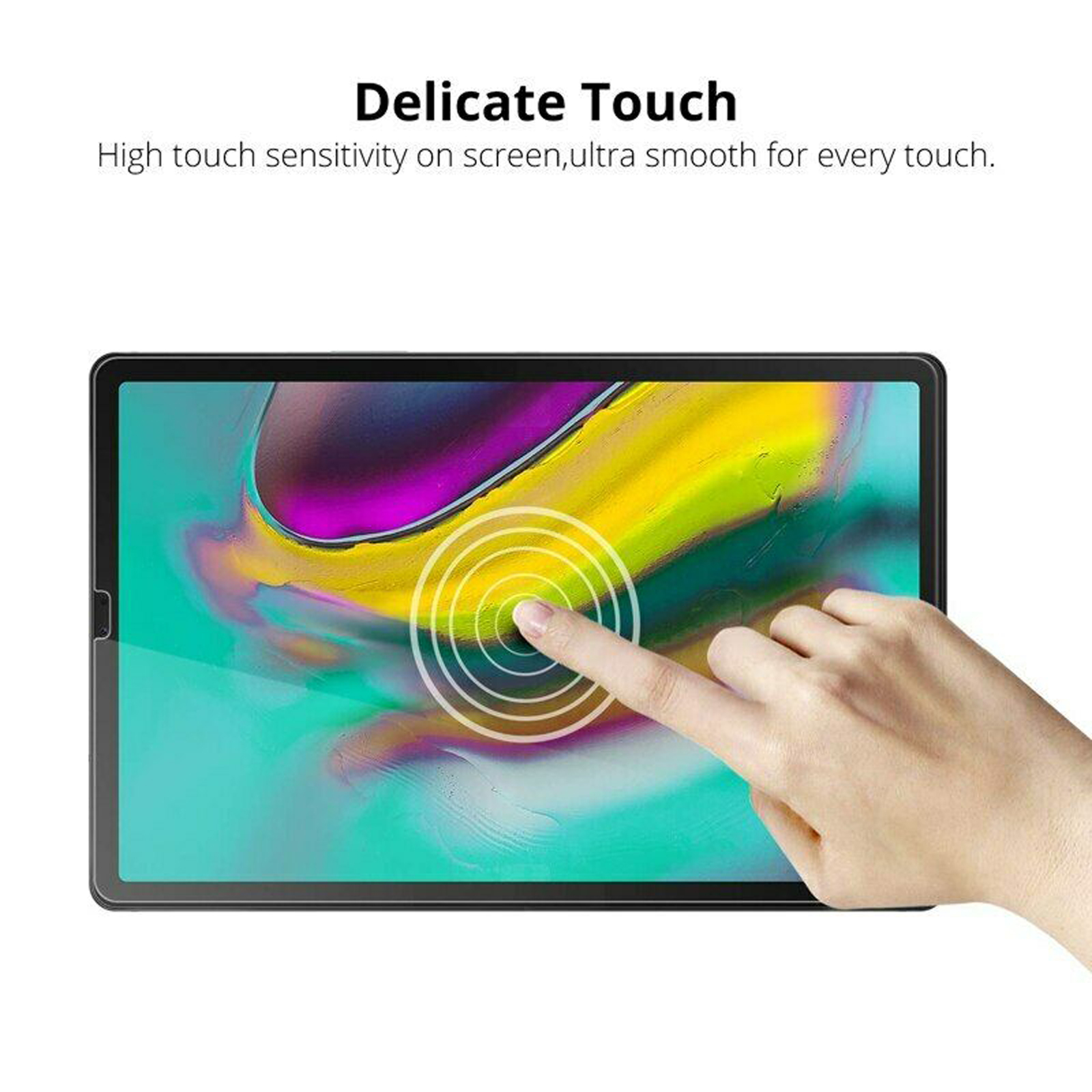 Mano che tocca lo schermo del tablet. Lo schermo ha una protezione.