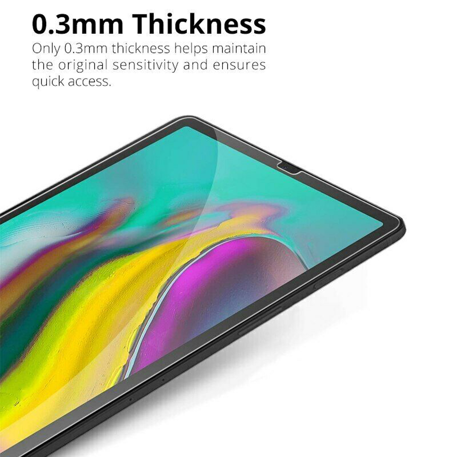 Uno schermo di tablet con protezione schermo applicata. Il testo dice .3mm di spessore.