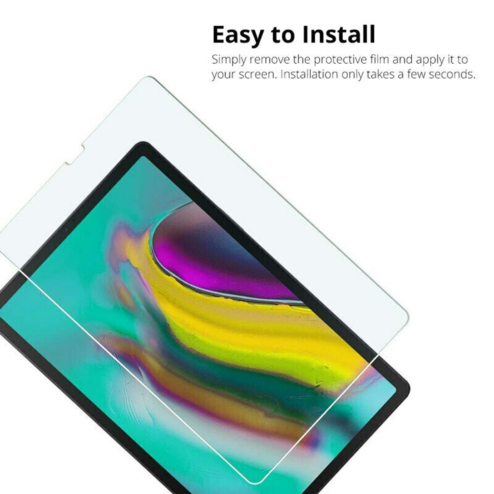 Un tablet con una protezione per lo schermo in fase di applicazione. Il testo dice 'Facile da installare'.