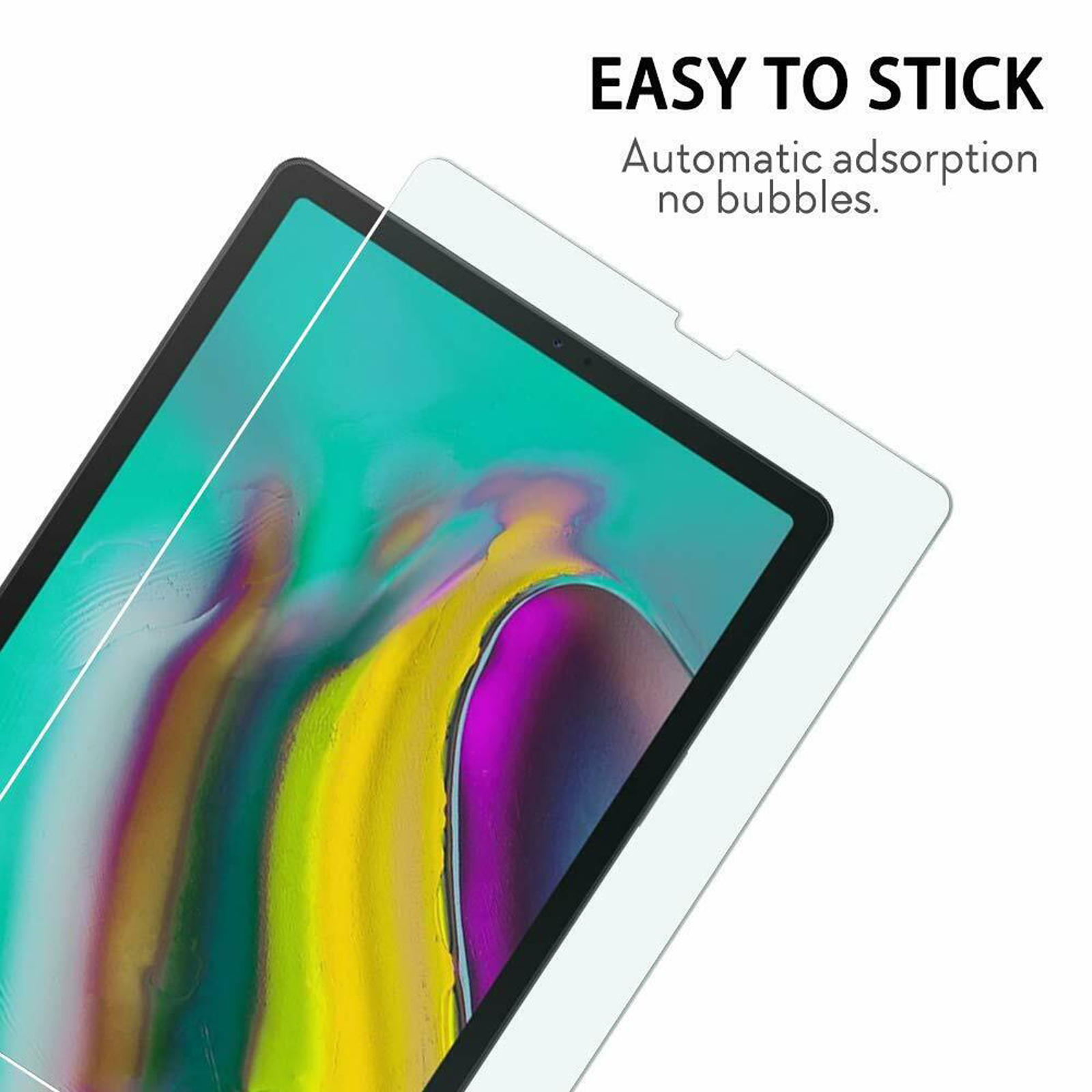 Un tablet con una protezione per lo schermo applicata. Il testo dice Facile da incollare.