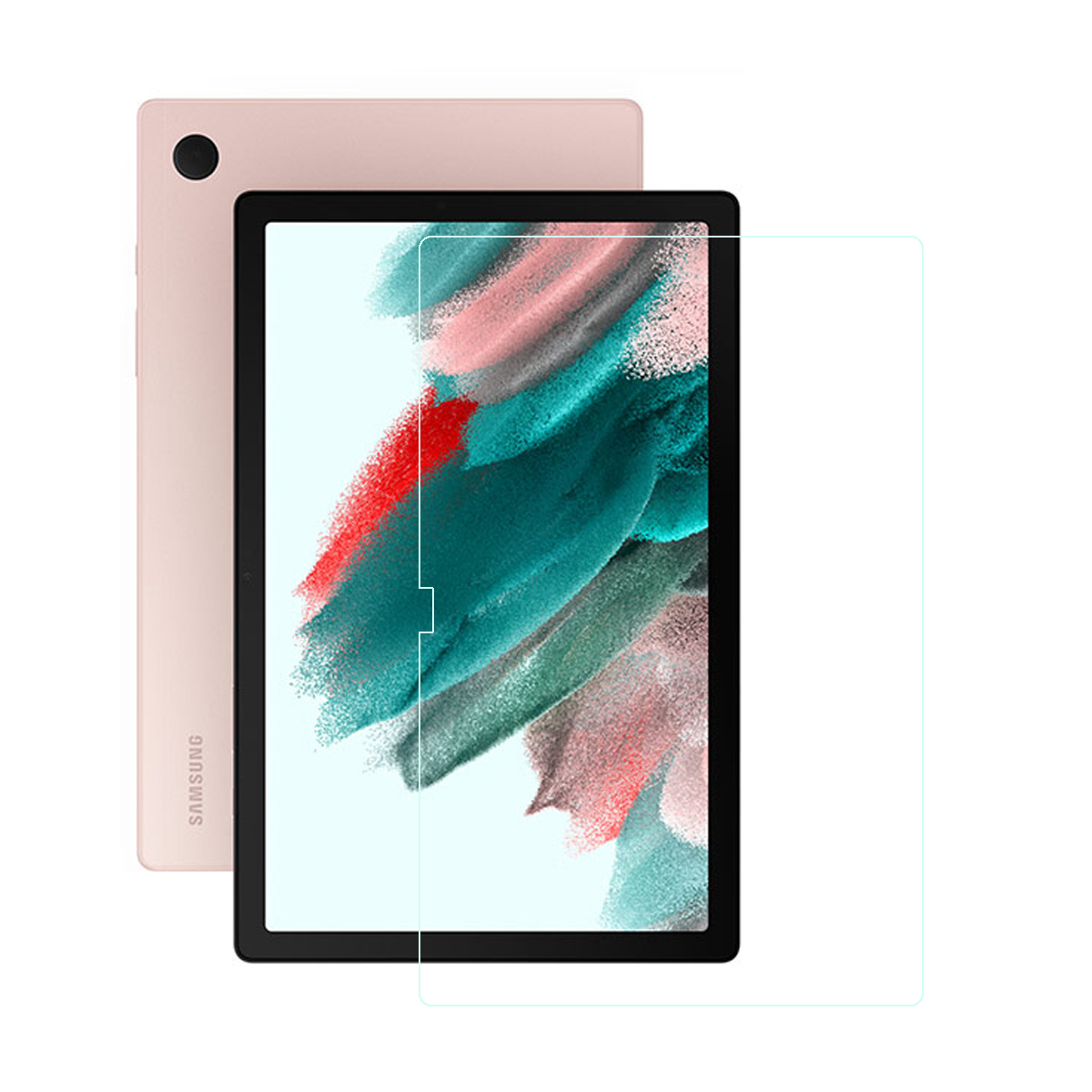 Un tablet con protezione schermo. Il retro è rosa e ha una fotocamera. Lo schermo ha un design colorato.