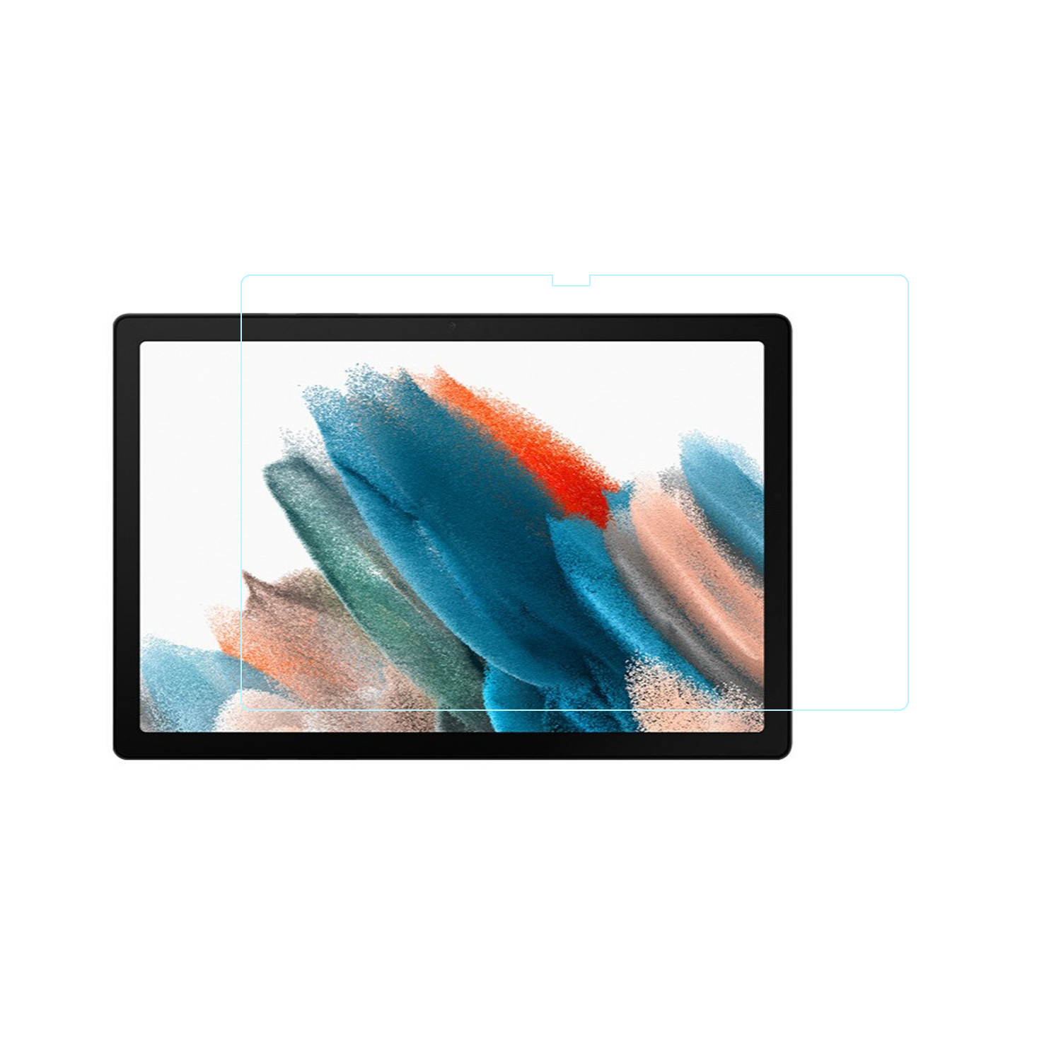 Tablet con protezione schermo. Arte astratta colorata, protezione applicata.