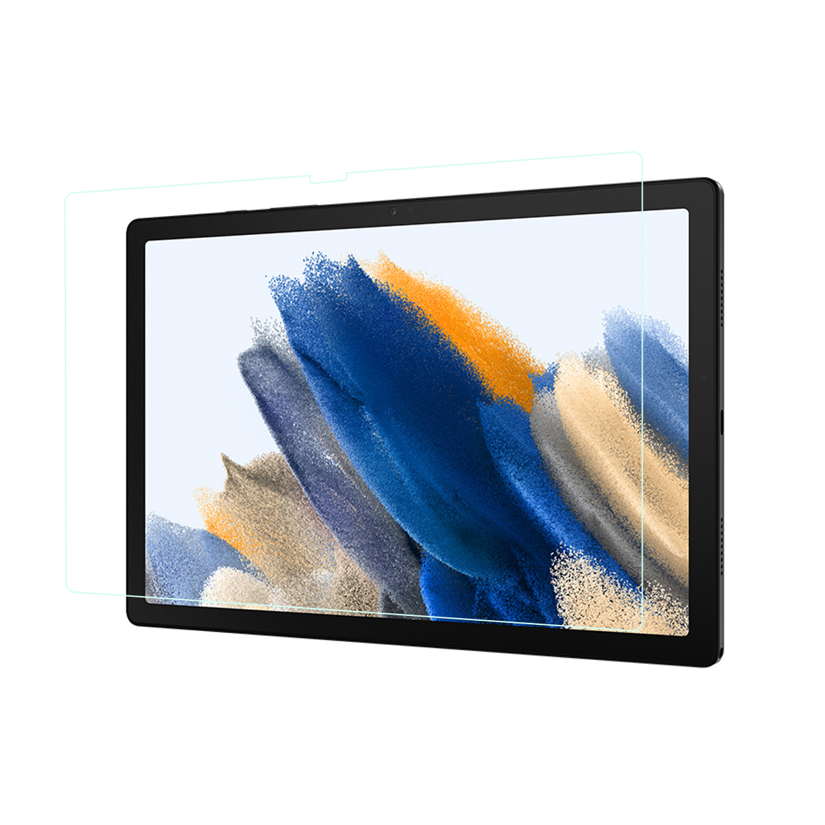 Un tablet con protezione schermo. Il tablet è su sfondo bianco. Lo schermo è acceso.