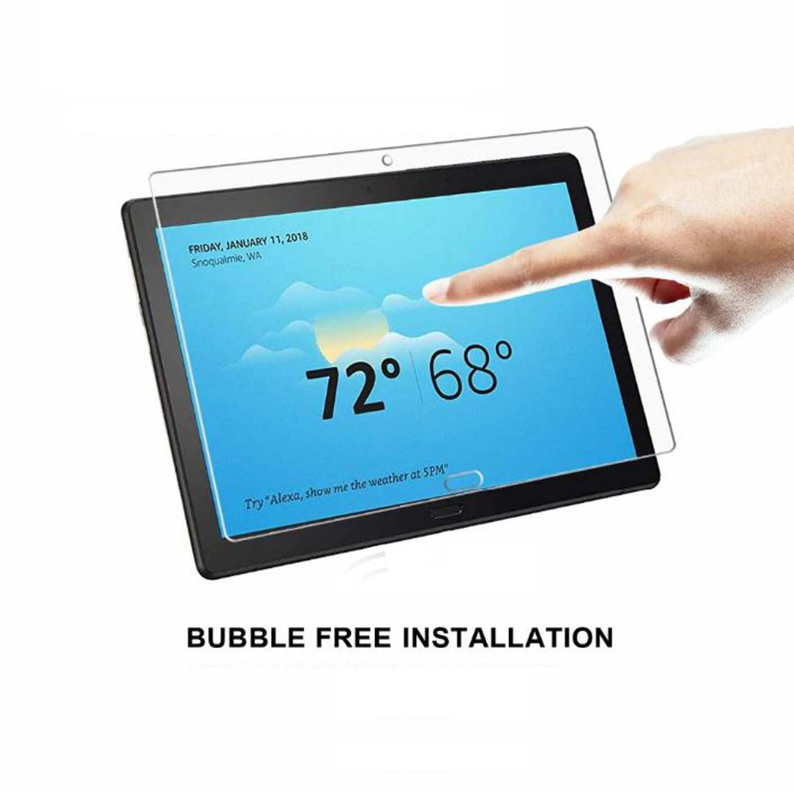 Un tablet con protezione schermo. Lo schermo mostra informazioni meteo.