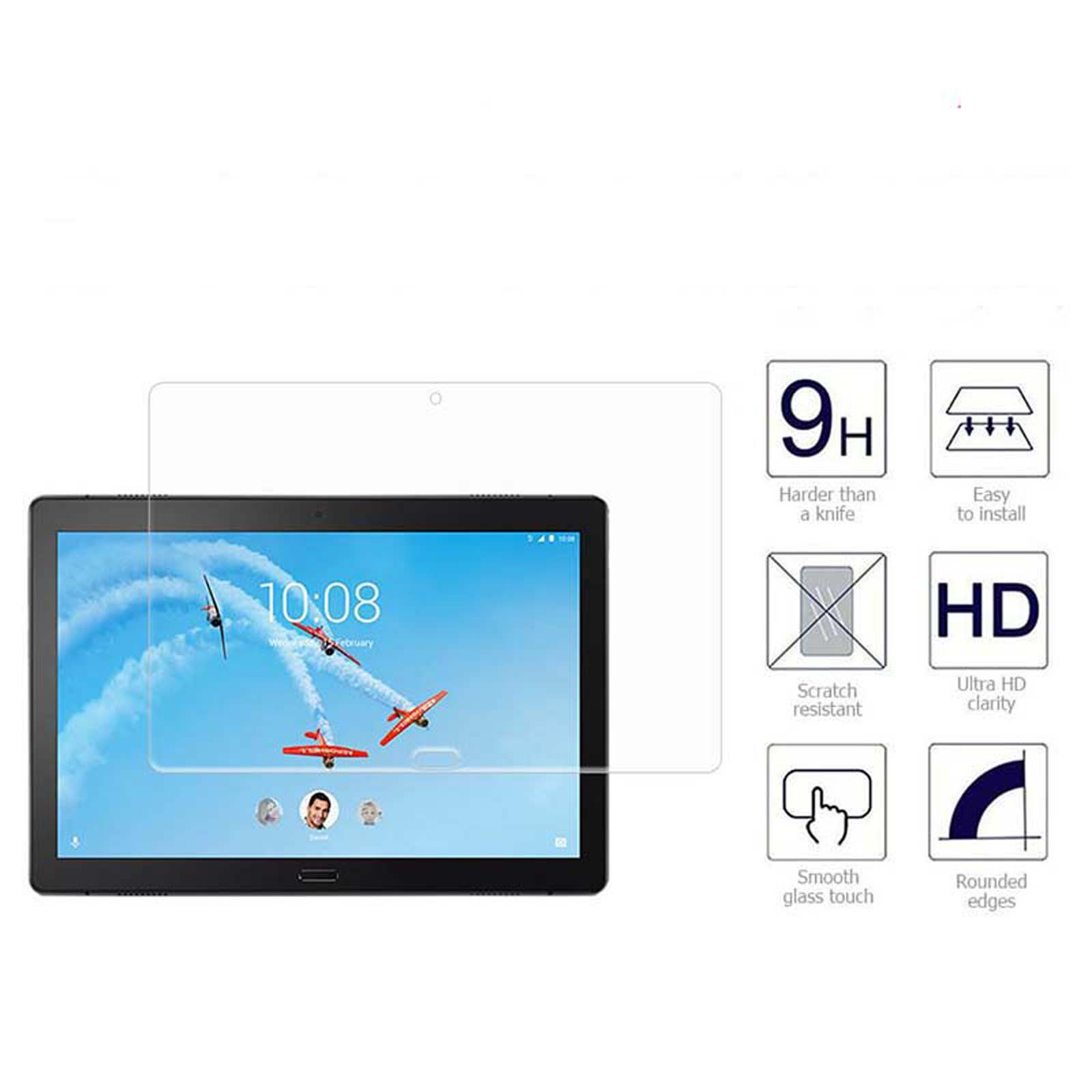Un tablet con protezione schermo e icone. Testo: '9H più duro di un coltello' e 'Chiarezza HD'.